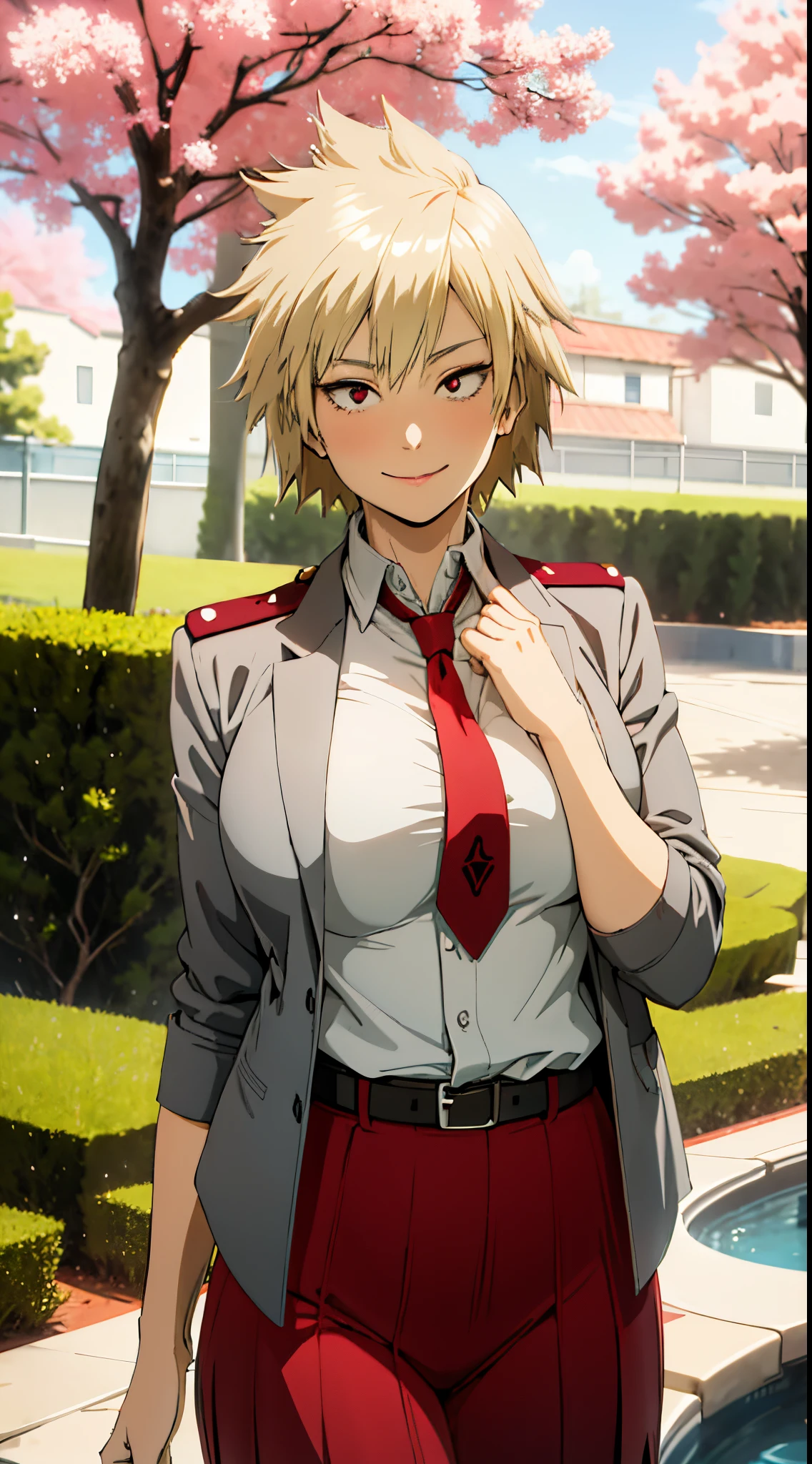 (cowboy shot, masterpiece, best_quality, ultra-detailed, immaculate:1.3),
BREAK
MitsukiMHA, 34 y.o. woman, red eyes, short blonde hair, posing for photo, seductive smile,
grey jacket, red necktie, green skirt, 
BREAK
sakura tree, building,