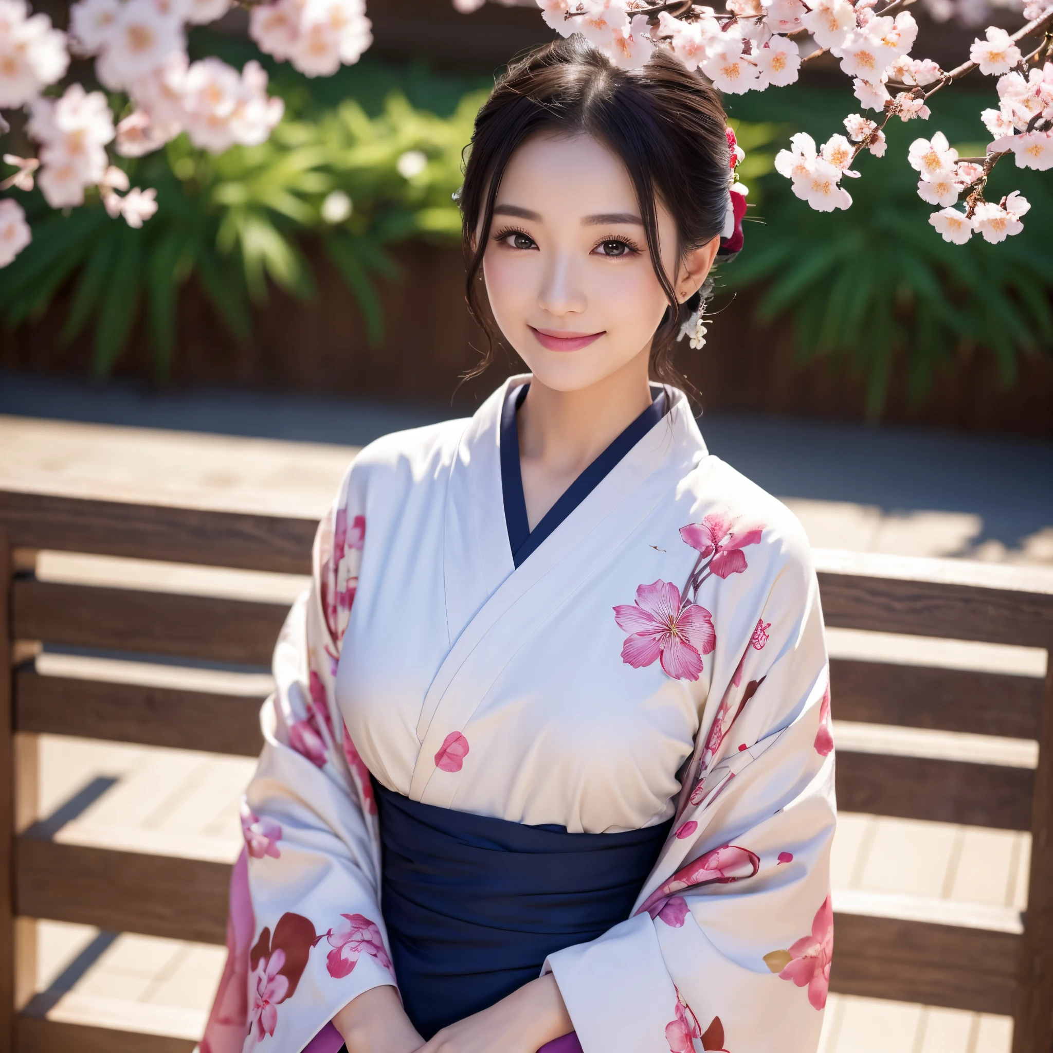 (Super beautiful woman in kimono)、((best qualtiy、8k masterpieces:1.3))、foco nítido:1.2、(ultra beautiful faces:1.0)、(shinny skin:1.0)、photos realistic、A dark-haired、Video Lighting、High-definition eyes and face、Video Lighting、Japanese actressl、from the front side、medium breasts、With a happy smile、Slender Abs Beauty、Whole body、wearing kimonos、cherry blossom in full bloom、luxury obi
