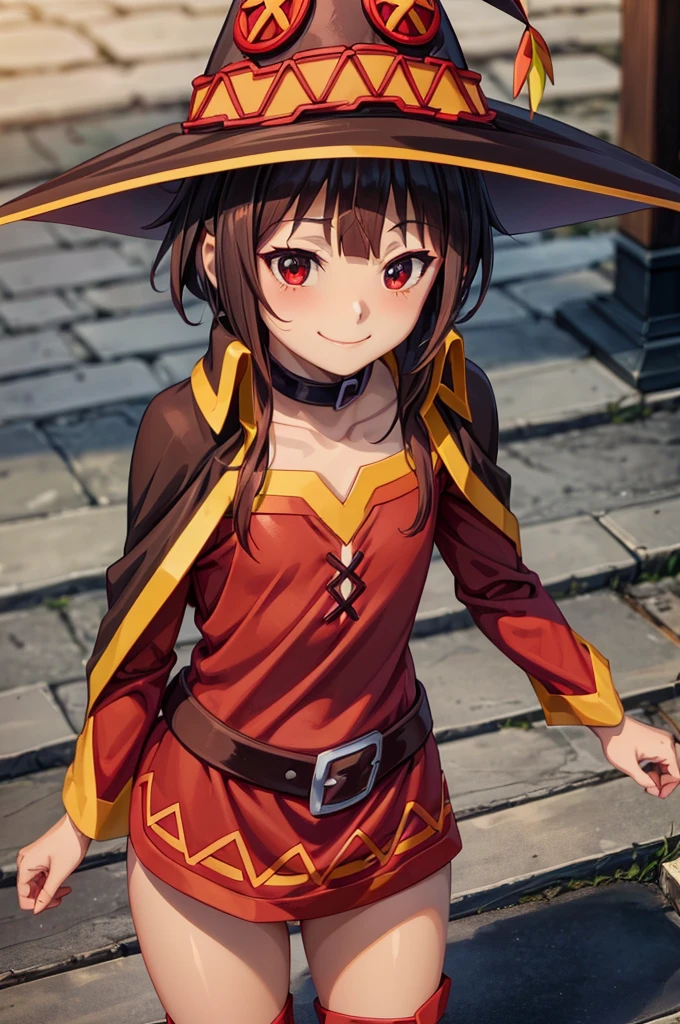 Perfect female shape, (1womanl), (Megumin), (Short-cut hair), Brown hair, Red eyes, (witch's hat:1.2), small chest, red robes, (cute smile face), is standing, Looking at the camera, ((Kamimei:1.2)), Naturally beautiful, Professional Lighting, (glistning skin:0.9), High quality, Highly detailed facial and skin texture, perfect hand,