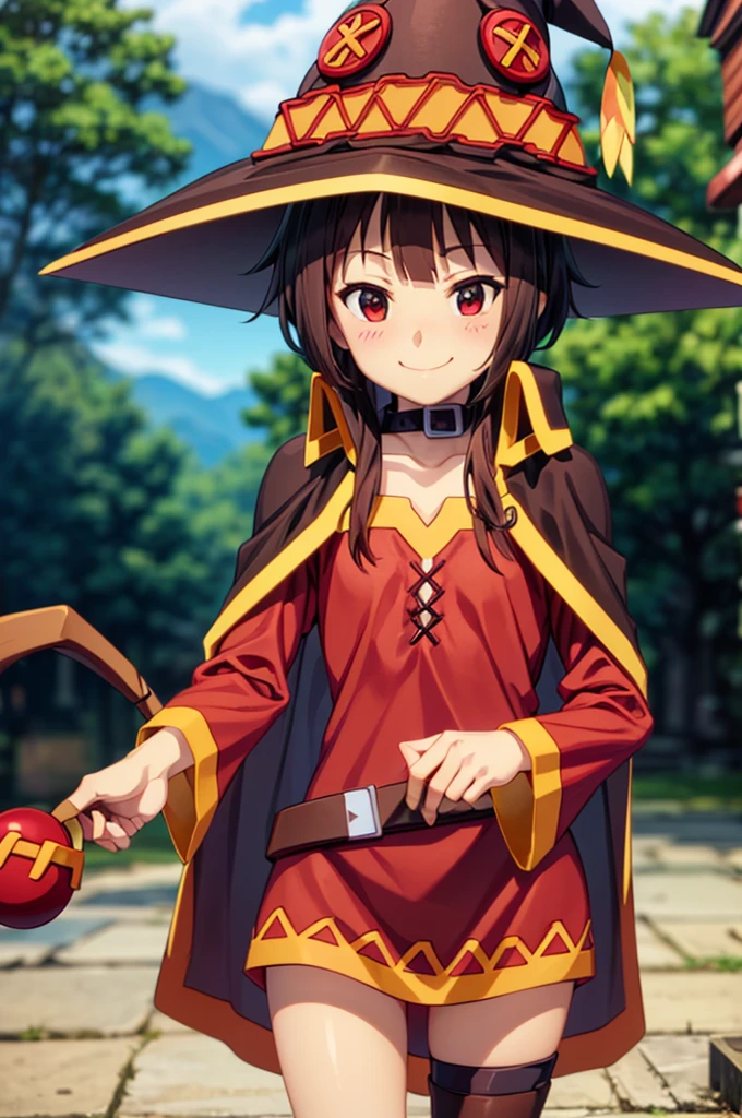 Perfect female shape, (1womanl), (Megumin), (Short-cut hair), Brown hair, Red eyes, (witch's hat:1.2), small chest, red robes, (cute smile face), is standing, Looking at the camera, ((Kamimei:1.2)), Naturally beautiful, Professional Lighting, (glistning skin:0.9), High quality, Highly detailed facial and skin texture, perfect hand,