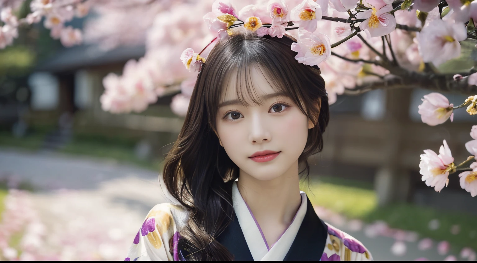 (Kimono)、、(Cover the petals:1.4)、(Hair swaying in the wind:1.3)、(top-quality,masterpiece:1.3,超A high resolution,),(ultra-detailliert,Caustics),(Photorealsitic:1.4,RAW shooting,)Ultra-realistic capture,A highly detailed,high-definition16Kfor human skin、 Skin texture is natural、、The skin looks healthy with an even tone、 Use natural light and color,One Woman,japanes,,kawaii,A dark-haired,Middle hair,(depth of fields、chromatic abberation、、Wide range of lighting、Natural Shading、)、(Petals reflect light:1.3)