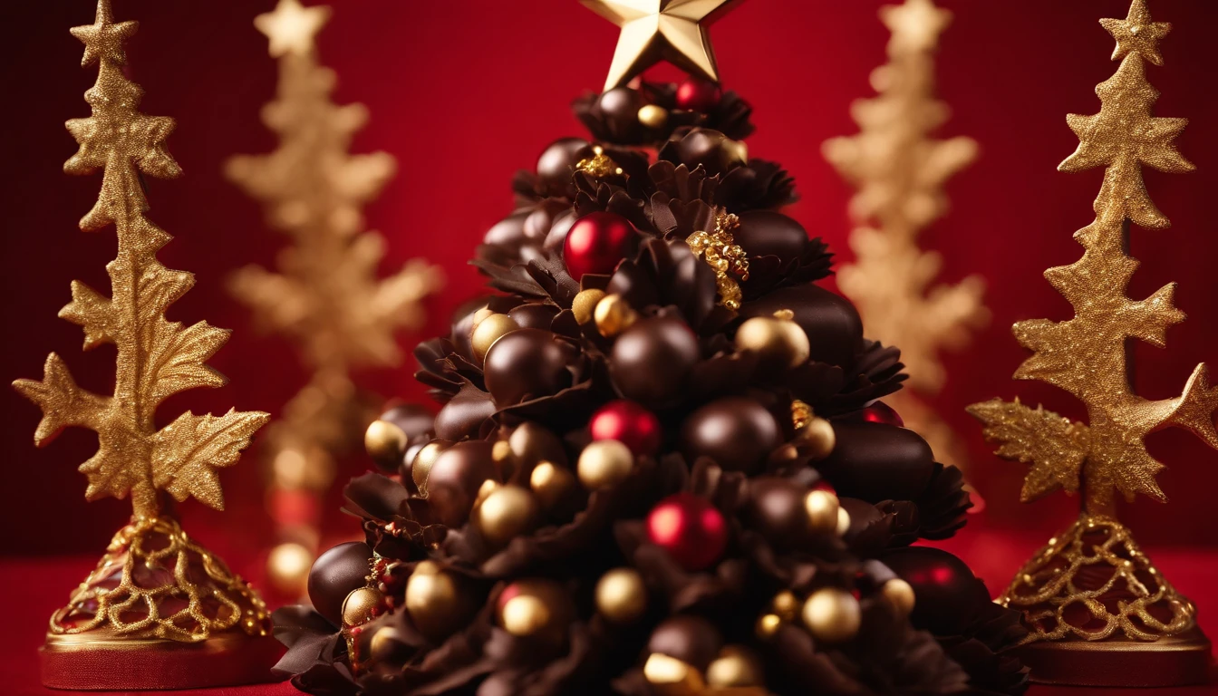 A high-resolution image of a dark chocolate Christmas tree against a bold red background, with the tree intricately detailed and adorned with edible gold ornaments, creating a visually striking and festive scene