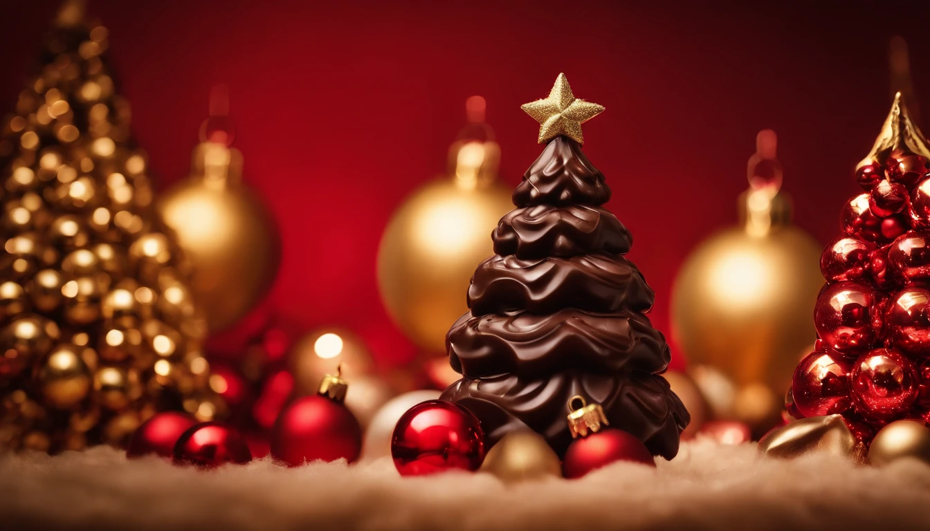 A high-resolution image of a dark chocolate Christmas tree against a bold red background, with the tree intricately detailed and adorned with edible gold ornaments, creating a visually striking and festive scene