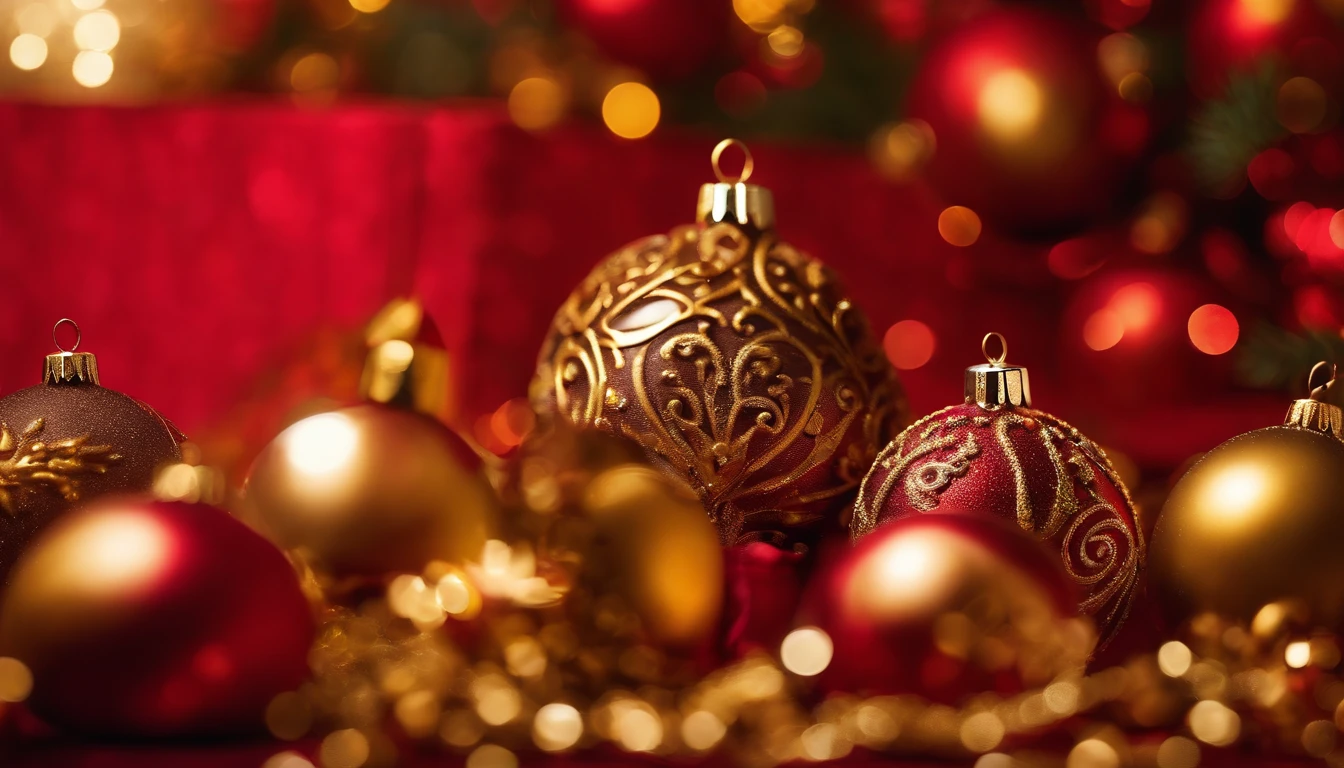 A high-resolution image of a dark chocolate Christmas tree against a bold red background, with the tree intricately detailed and adorned with edible gold ornaments, creating a visually striking and festive scene
