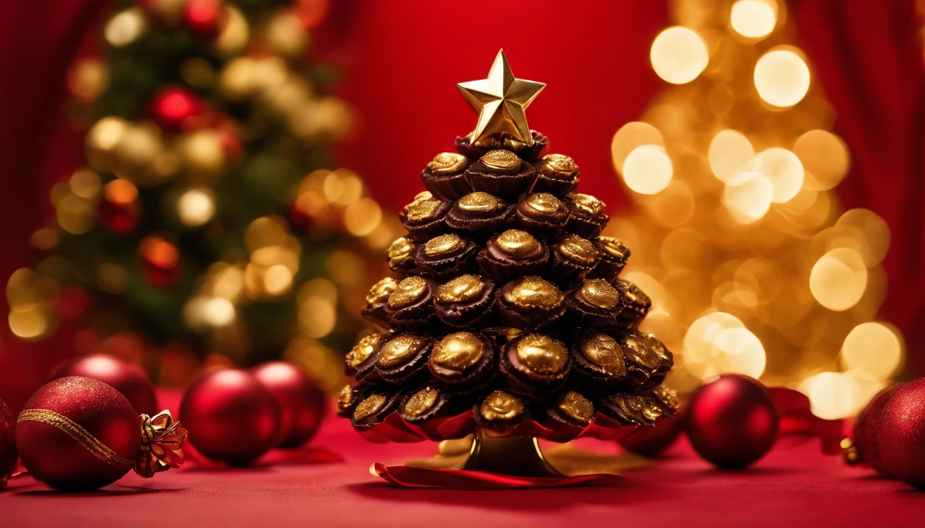 A high-resolution image of a dark chocolate Christmas tree against a bold red background, with the tree intricately detailed and adorned with edible gold ornaments, creating a visually striking and festive scene
