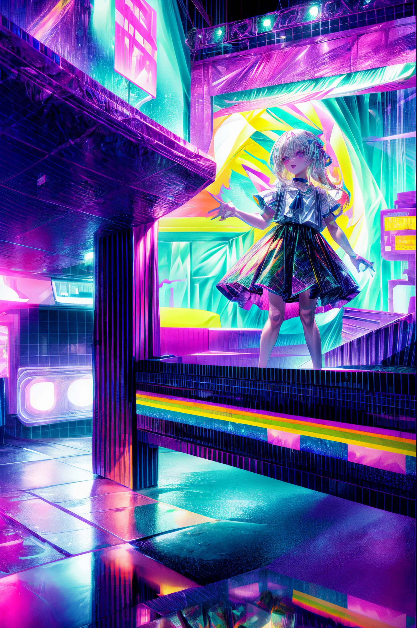 Rainbow on background、Irridescent color、colourfull、top-quality、超A high resolution、(Photorealsitic:1.4)、Female 1 Person、Sleeveless white buttoned shirt、Black skirt、Black Choker、cute little、(Kpop Idle)、(attractiveness:1)、(Platinum Blonde Hair:1)、((Puffy eyes))、Look at the viewer、full body Esbian、Facing the front