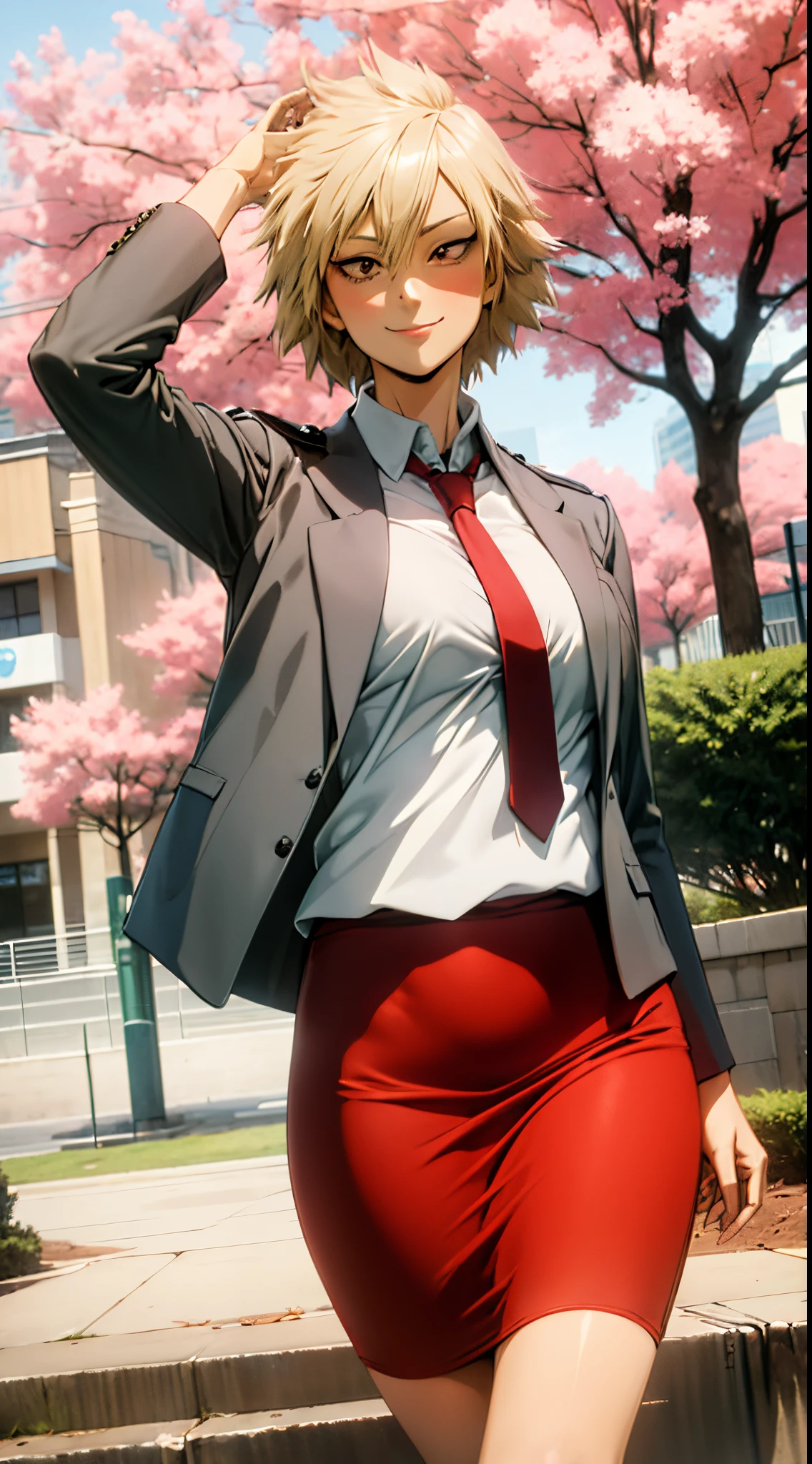 (cowboy shot, masterpiece, best_quality, ultra-detailed, immaculate:1.3),
BREAK
MitsukiMHA, 34 y.o. woman, red eyes, short blonde hair, posing for photo, seductive smile,
grey jacket, red necktie, green skirt, 
BREAK
sakura tree, building,