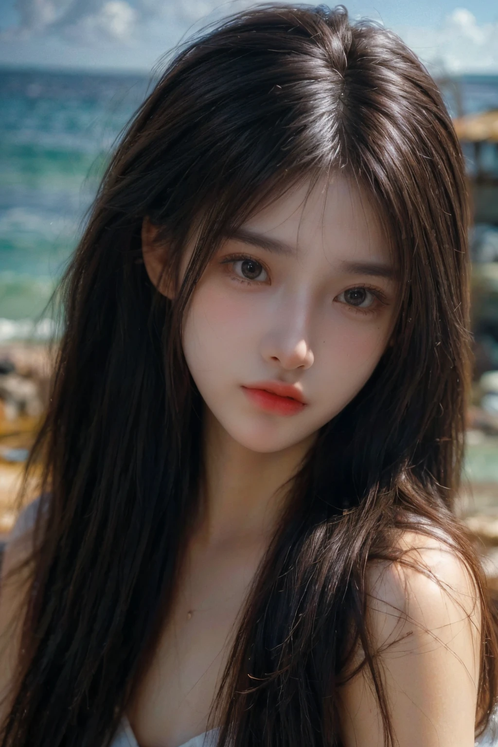 (best quality,4k,8k,highres,masterpiece:1.2),ultra-detailed,(realistic,photorealistic,photo-realistic:1.37), oil painting, beautiful detailed eyes, beautiful detailed lips, long pony tailed girl, sandy beach, gentle waves, warm sunlight, soft breeze, summer vibes, vibrant colors, carefree atmosphere, joyful expression, relaxing vibe