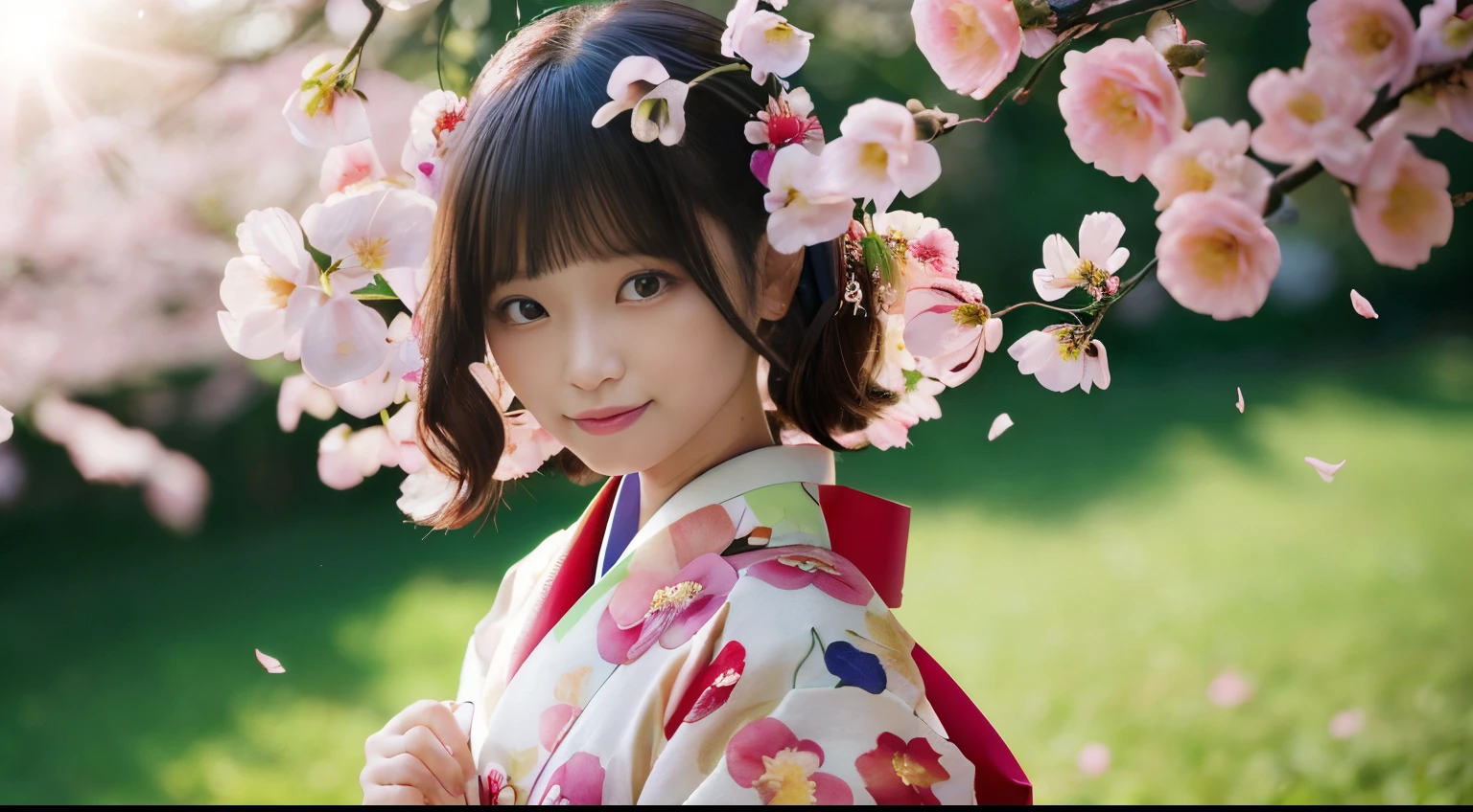 Super Realistic (((little Japanese girl with straight, chin-length black hair))) with intricate and elegant designs, flowing clothes, pola rumit, color palette pink and white, floral motif, smooth wings, grassy field background, bunga sakura