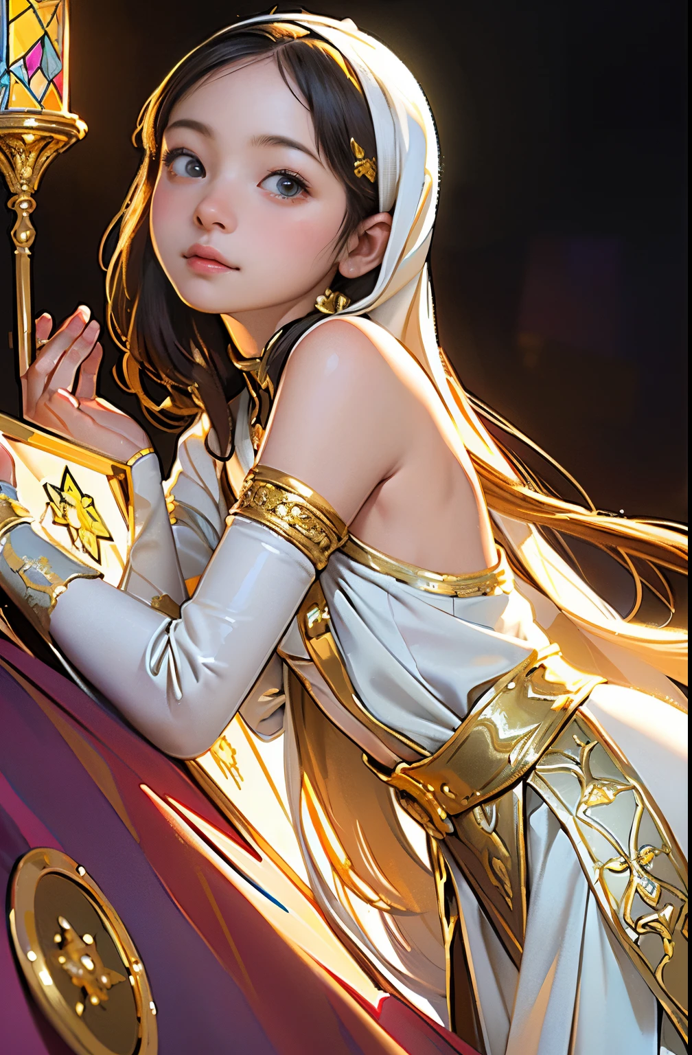 Monna Lisa, Pale colors(Fantasy Sister, Robe with gold decoration, Offering Prayers, chies)superfine illustration(Colorful stained glass, Stereoscopic lighting, Back lighting, good lighting, Colorful refraction)depth of fields(very detailed beautiful face and eyes)Perfect Anatomy(angelic cute 1girl)