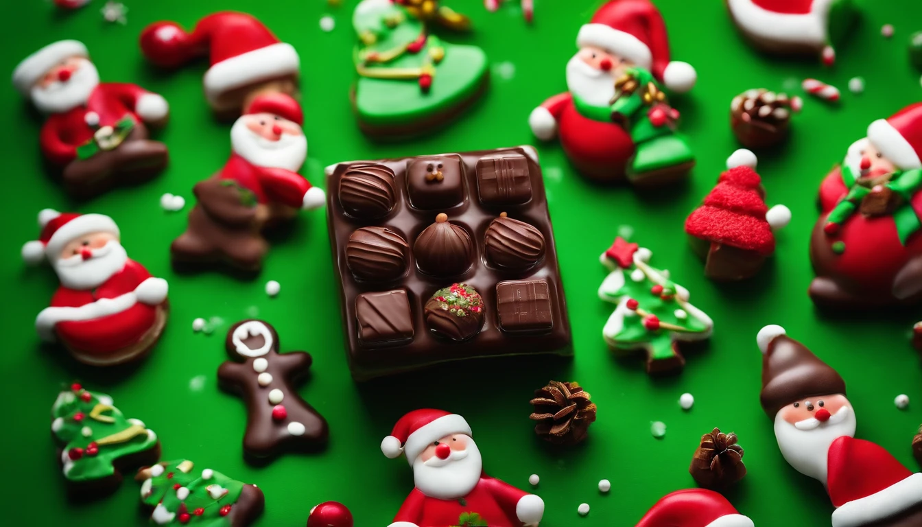 A visually stunning composition of assorted chocolate Christmas treats arranged on a bold green background, with chocolate Santas, snowmen, and presents, creating a colorful and enticing display.