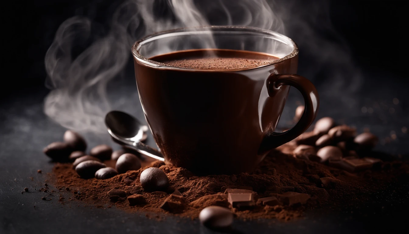 A close-up shot of a rich chocolate hot cocoa mug placed on a bold black background, with steam rising from the cup and a sprinkle of cocoa powder on top, creating a cozy and inviting scene.