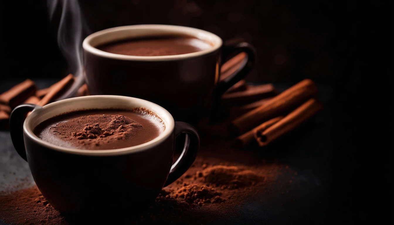 A close-up shot of a rich chocolate hot cocoa mug placed on a bold black background, with steam rising from the cup and a sprinkle of cocoa powder on top, creating a cozy and inviting scene.