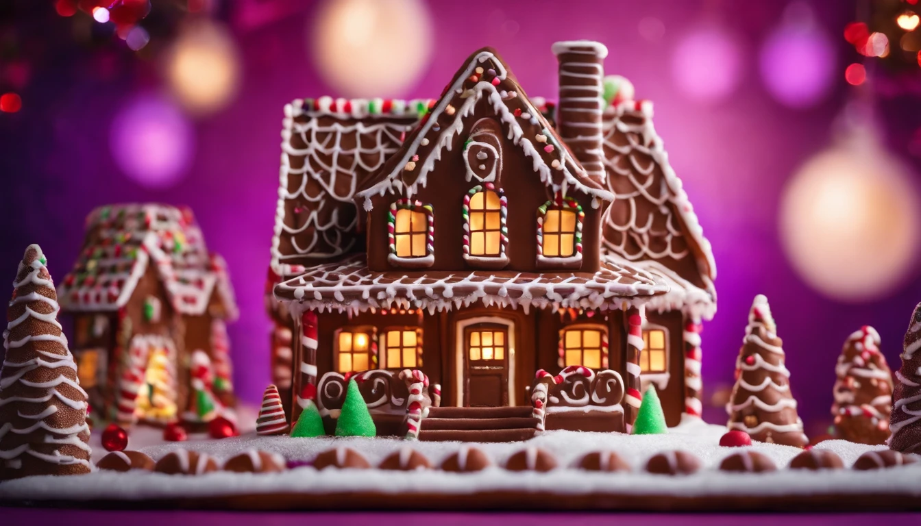 A high-resolution image of a chocolate gingerbread house on a bold purple background, with the house decorated with intricate chocolate details and surrounded by edible candy cane fences and gumdrop pathways, creating a visually captivating and festive display