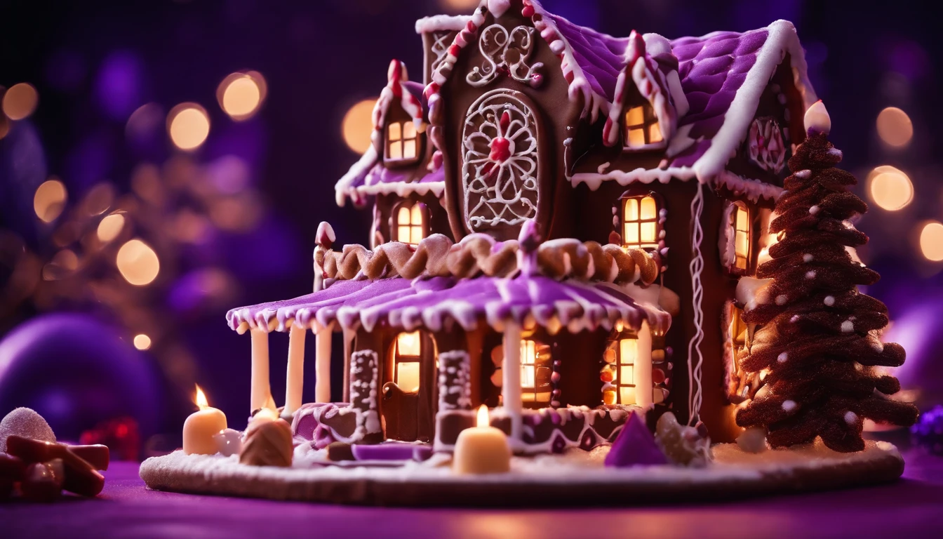A high-resolution image of a chocolate gingerbread house on a bold purple background, with the house decorated with intricate chocolate details and surrounded by edible candy cane fences and gumdrop pathways, creating a visually captivating and festive display