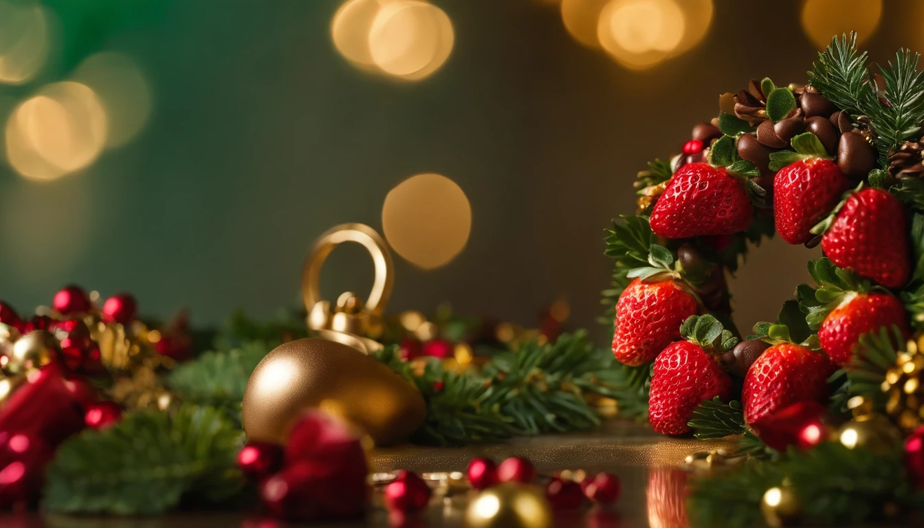 A visually pleasing composition of chocolate-covered strawberries arranged in the shape of a Christmas wreath, placed on a bold gold background, with red and green accents, creating an elegant and appetizing image
