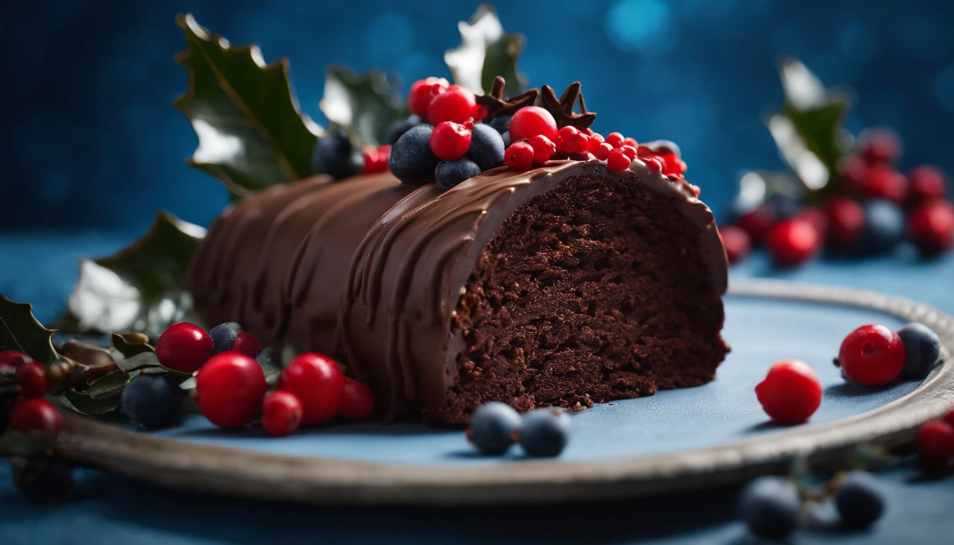 A close-up shot of a chocolate yule log cake placed on a bold blue background, with the cake beautifully frosted and adorned with edible holly leaves and berries, creating a visually appealing and holiday-inspired scene