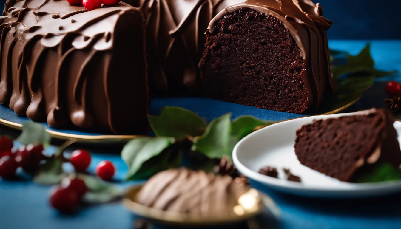 A close-up shot of a chocolate yule log cake placed on a bold blue background, with the cake beautifully frosted and adorned with edible holly leaves and berries, creating a visually appealing and holiday-inspired scene