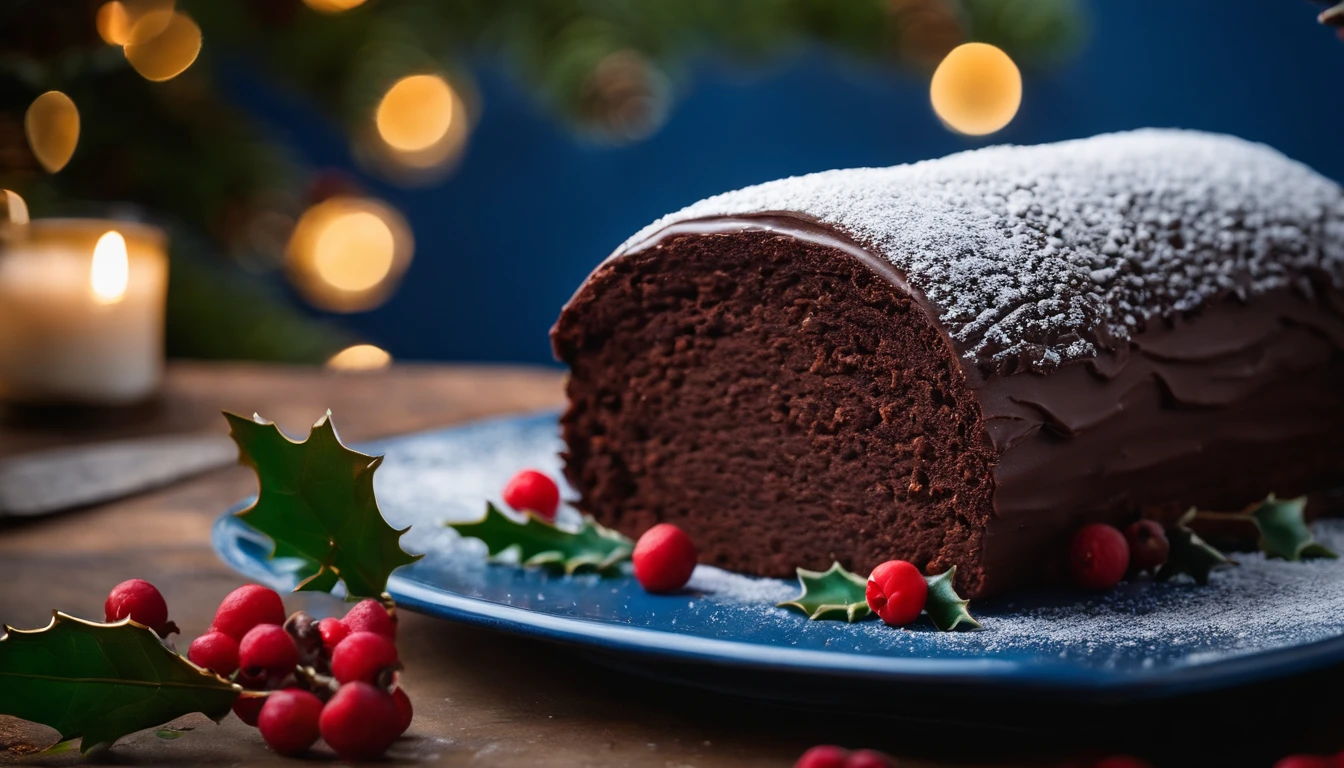A close-up shot of a chocolate yule log cake placed on a bold blue background, with the cake beautifully frosted and adorned with edible holly leaves and berries, creating a visually appealing and holiday-inspired scene