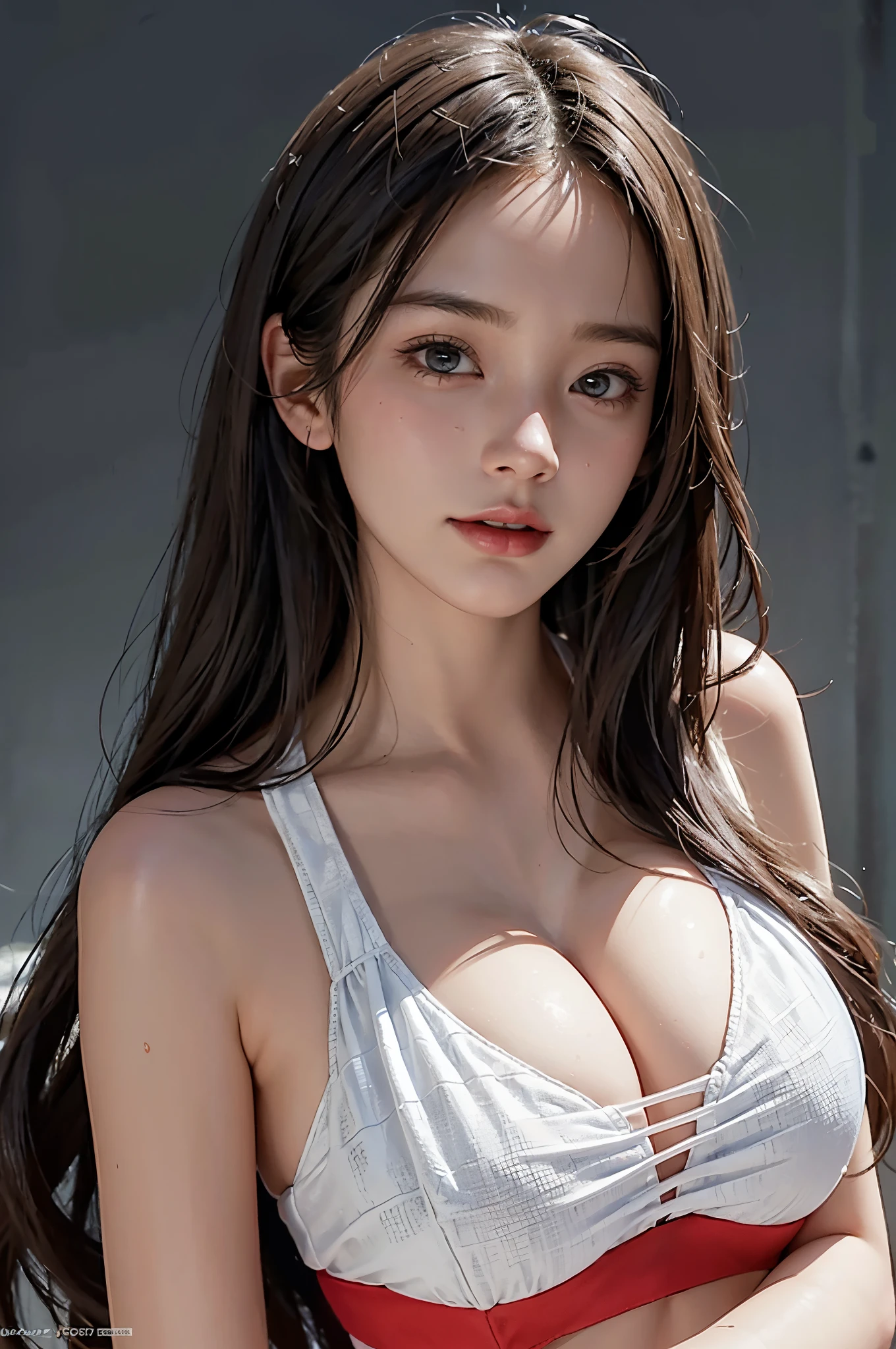 (A hyper-realistic), (illustratio), (hight resolution), (8K), (ighly detailed), (The best illustrations), (beatiful detailed eyes), (top-quality), (ultra-detailliert), (​masterpiece), (detailed face), droopy eyes,full of sweat, full body, long hair,inner colored,solo,Girl in simple white bikini, huge tits, smiling, big boobies, snow