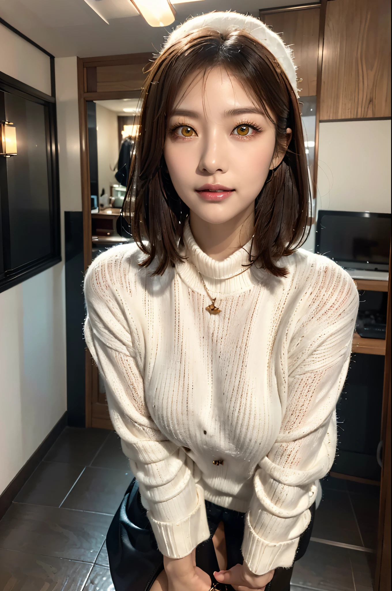 ((top-quality, in 8K, masterpiece)), Arafed woman in the snow, Beautiful Japan girl, cute girl with red hair, ((white fluffy thick sweater)), beautiful woman with short hair, ((white fluffy thick muffler)), ((white fluffy knit hat)), Beautiful Japanese woman with big breasts, A beautiful woman wearing a necklace, ((Long boots in black color)), ((is standing)), ((1人の女性)), Bewitching girl with short red hair, Attractive smiling girl, photorealistic girl render, Real life girls, Realistic young girl, attractive girl, ((beautiful expression, Detailed amber eyes, Detailed skin, Lustrous skin, detailed lips, Lustrous lips):1.5), High Quality DSLR Photography, Professional Photography, photo portrait 8k,realistic 3 d style, Beautiful realistic portraits, 3d realistic, hyper realstic, With red hair, photo of woman with short hair,