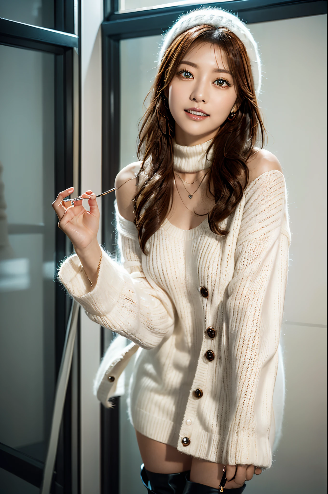 ((top-quality, in 8K, masterpiece)), Arafed woman in the snow, Beautiful Japan girl, cute girl with red hair, ((white fluffy thick sweater)), beautiful woman with short hair, ((white fluffy thick muffler)), ((white fluffy knit hat)), Beautiful Japanese woman with big breasts, A beautiful woman wearing a necklace, ((Long boots in black color)), ((is standing)), ((1人の女性)), Bewitching girl with short red hair, Attractive smiling girl, photorealistic girl render, Real life girls, Realistic young girl, attractive girl, ((beautiful expression, Detailed amber eyes, Detailed skin, Lustrous skin, detailed lips, Lustrous lips):1.5), High Quality DSLR Photography, Professional Photography, photo portrait 8k,realistic 3 d style, Beautiful realistic portraits, 3d realistic, hyper realstic, With red hair, photo of woman with short hair,