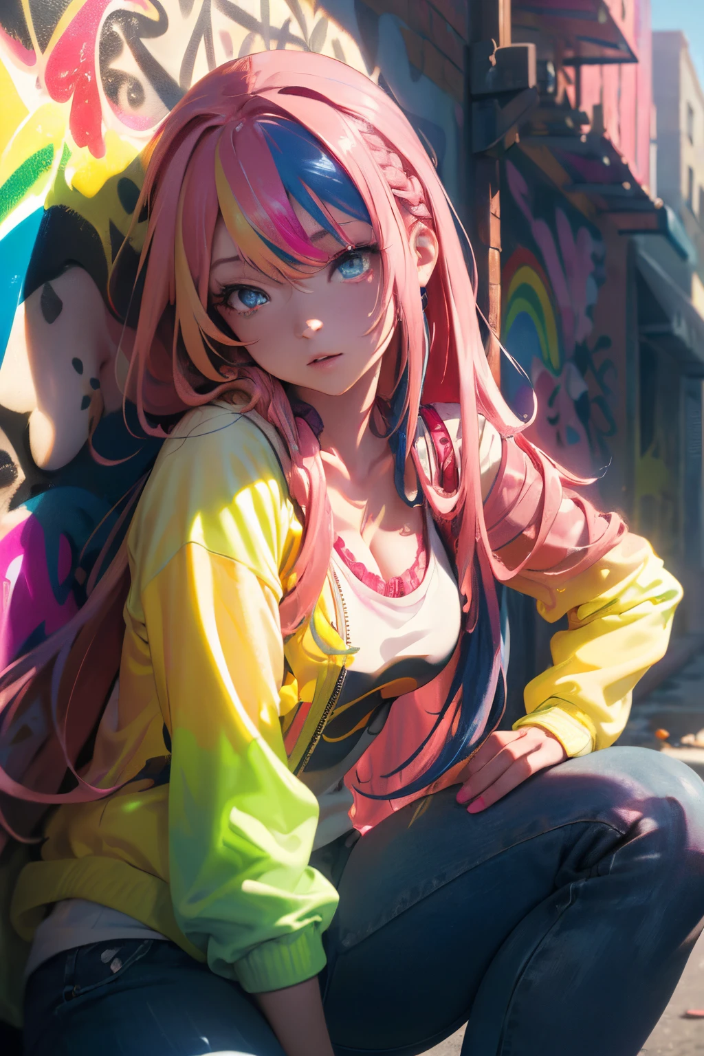 Park,Dressed, cleavage,flirting with camera,(photographrealistic:1.4), (Hyper realistic:1.4), (Realistic:1.3),(Smoother lighting:1.05), (increase cinematic lighting quality:0.9), 1girl in, a 18 year old girl, (Long pink hair, (Multicolored) Blue, Red, yellow, rainbow hair:1.6),Realistic lighting, Backlighting, Light on Face, sun shining, Shiny skin, solar flare,(Blue eyes:1.4),(Brightening light:1.2), (Increase quality:1.4),(Top quality real texture skins:1.4), finely detailed eyes, finerly detailed face,(tired and sleepy and joy), close up of face, (Increase body line mood:1.2), (Increase the beauty of skin texture:1.2)、(masutepiece:1.2, Best Quality), (graffiti wall:1.2), 1lady, Beanie, Jacket, leggins, Blue eyes, fullllbody,full bodyesbian,