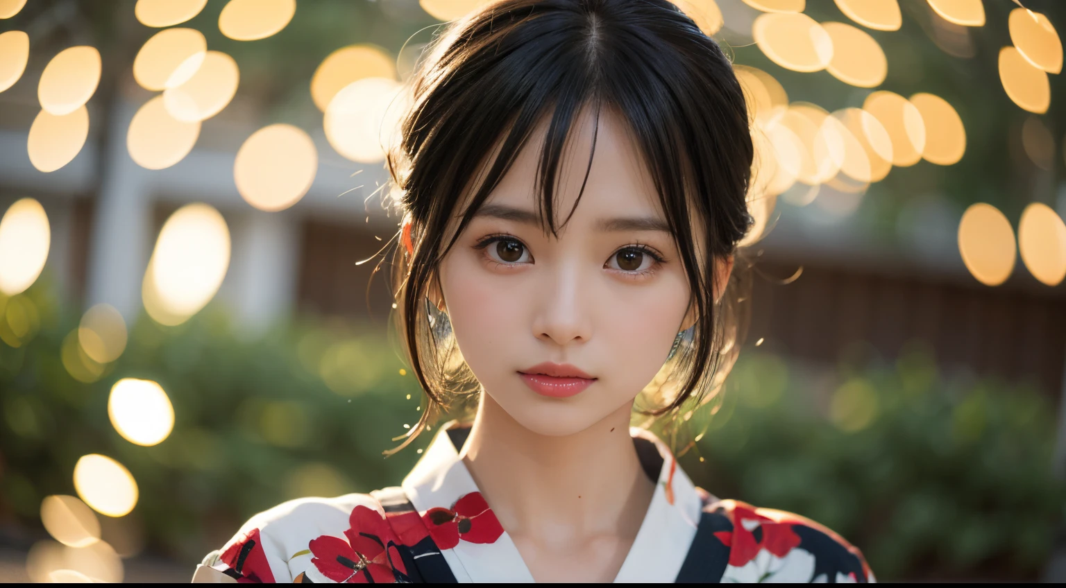 (masutepiece, Best Quality:1.4), Beautiful face,(Beautiful nape)、 8K, 85 mm, absurderes, (Yukata with red floral pattern:1.4), close up of face, violaceaess, gardeniass, Delicate girl, Solo, Night, Looking at Viewer, Upper body, Film grain, chromatic abberation, Sharp Focus, face lights, Professional Lighting, Sophisticated, (Smile:0.4), (Simple background, Bokeh background:1.2), Detail Face
