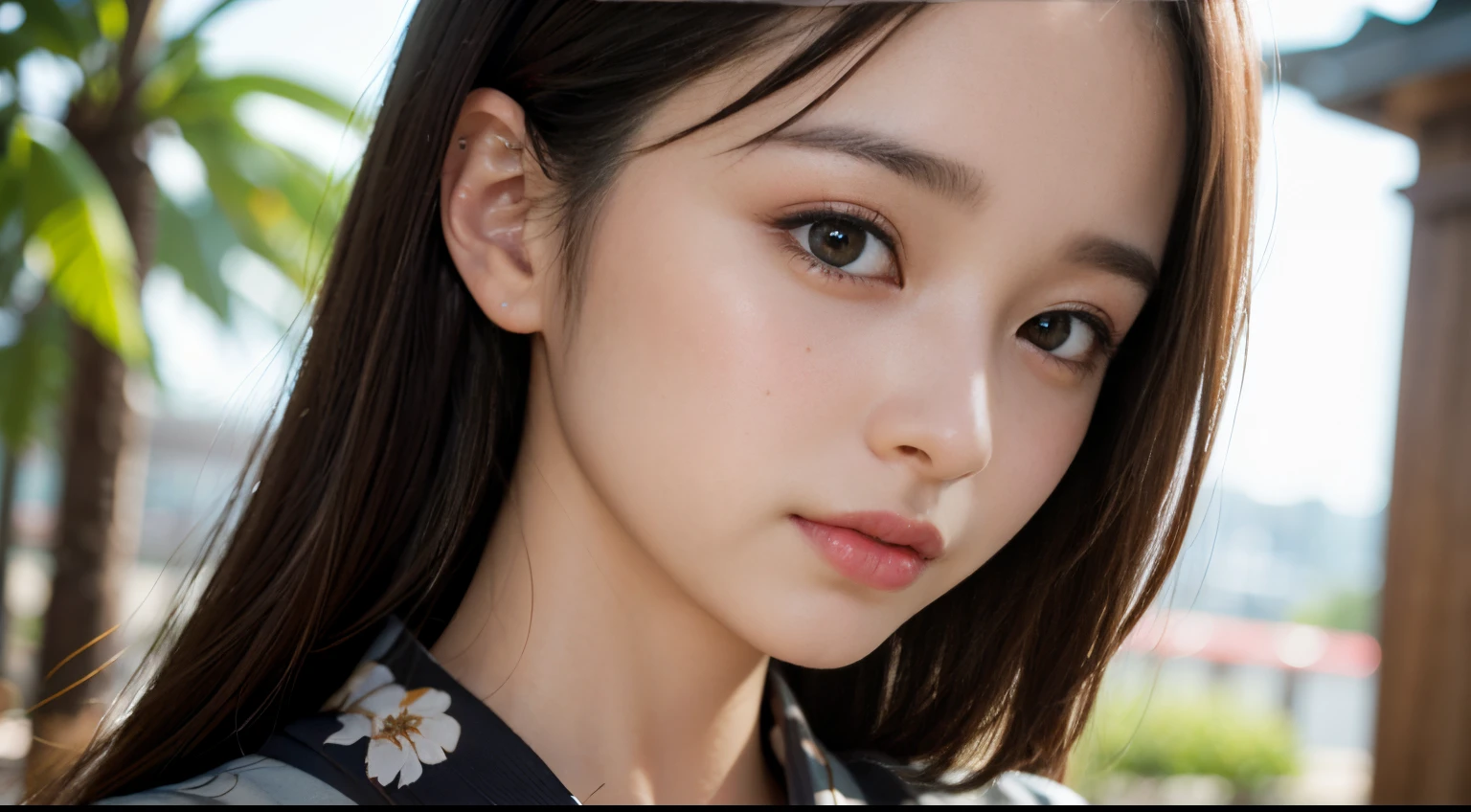 (masutepiece, Best Quality:1.4), Beautiful face,（Beautiful nape）、 raise your hair neatly、8K on the nape of the neck, 85 mm, absurderes, (Yukata with red floral pattern:1.4), close up of face, violaceaess, gardeniass, Delicate girl, Solo, Night, Looking at Viewer, Upper body, Film grain, chromatic abberation, Sharp Focus, face lights, Professional Lighting, Sophisticated, (Smile:0.4), (Simple background, Bokeh background:1.2), Detail Face