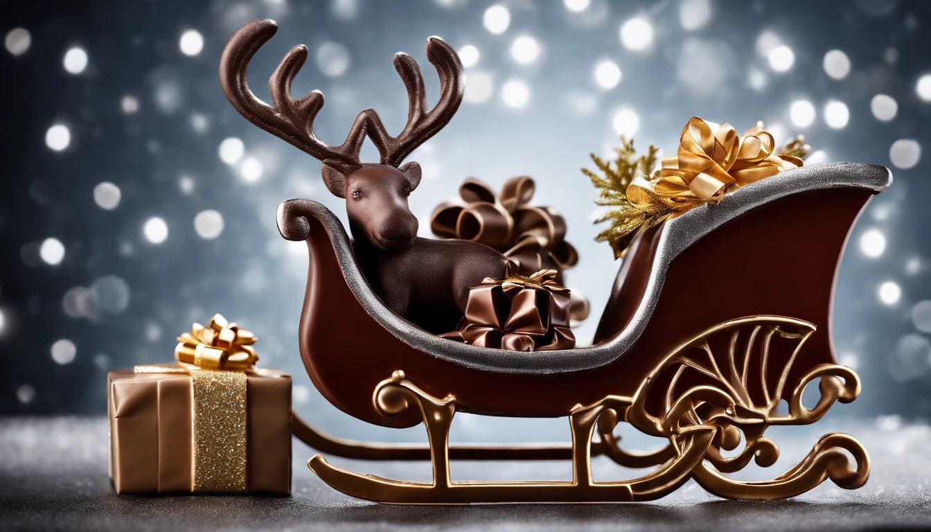A high-resolution image of a chocolate Christmas centerpiece on a bold silver background, with a chocolate reindeer, sleigh, and presents, creating a whimsical and dazzling display.
