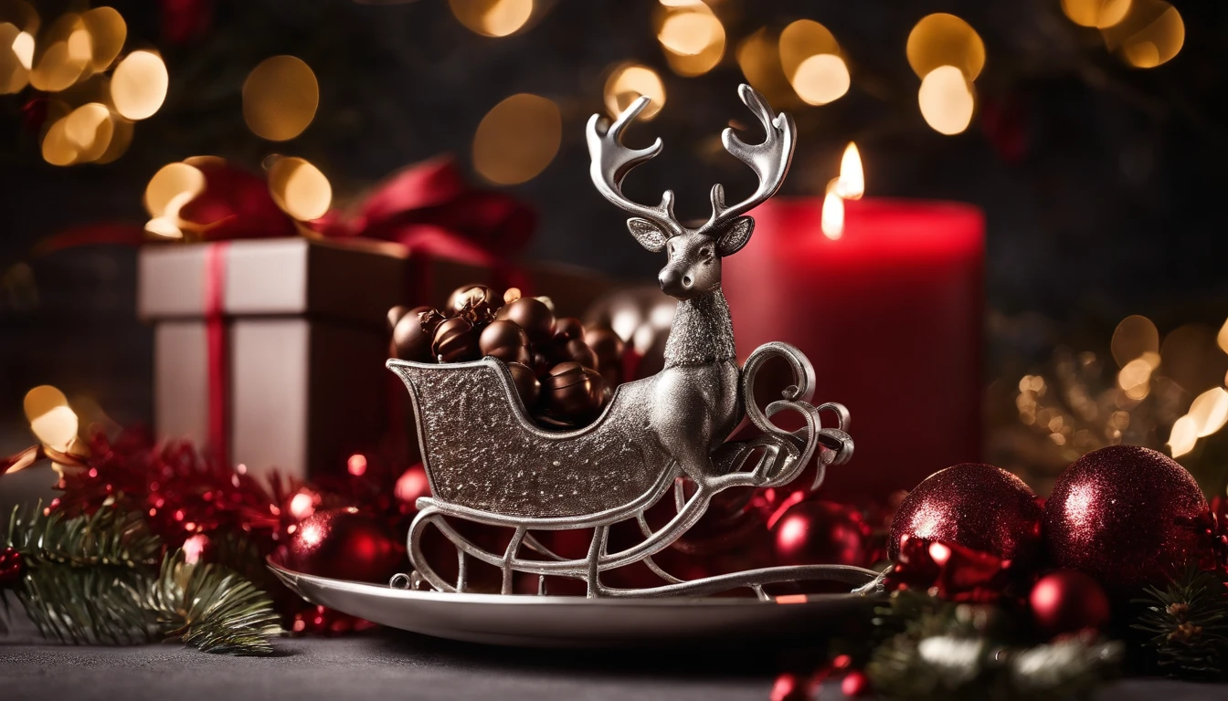 A high-resolution image of a chocolate Christmas centerpiece on a bold silver background, with a chocolate reindeer, sleigh, and presents, creating a whimsical and dazzling display.
