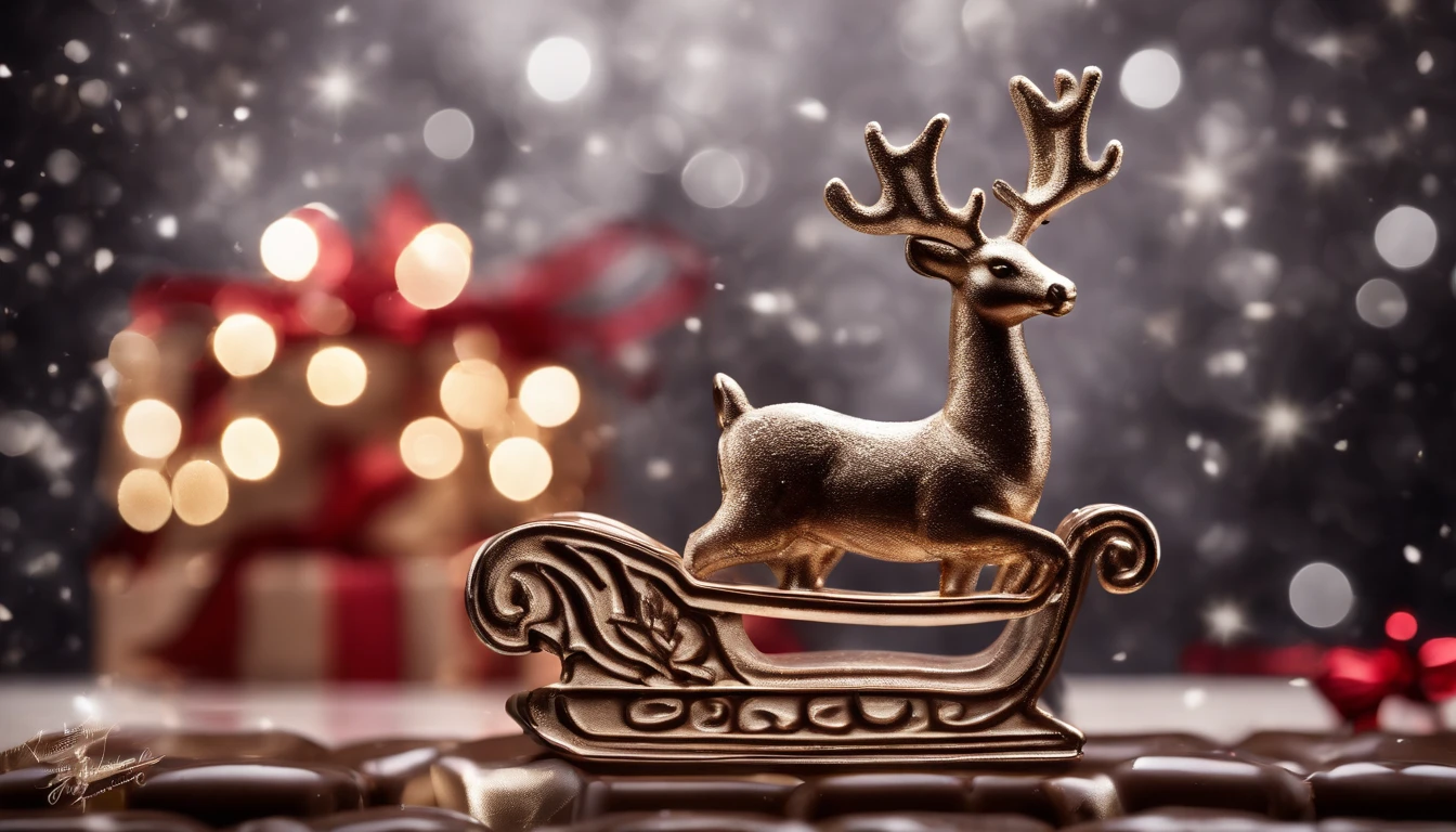 A high-resolution image of a chocolate Christmas centerpiece on a bold silver background, with a chocolate reindeer, sleigh, and presents, creating a whimsical and dazzling display.