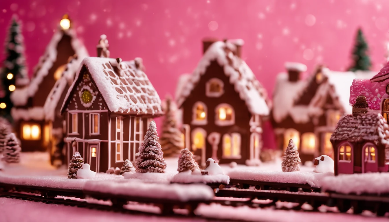 A visually stunning composition of a chocolate Christmas village on a bold pink background, with miniature chocolate houses, trees, and a chocolate train, creating a charming and delightful scene