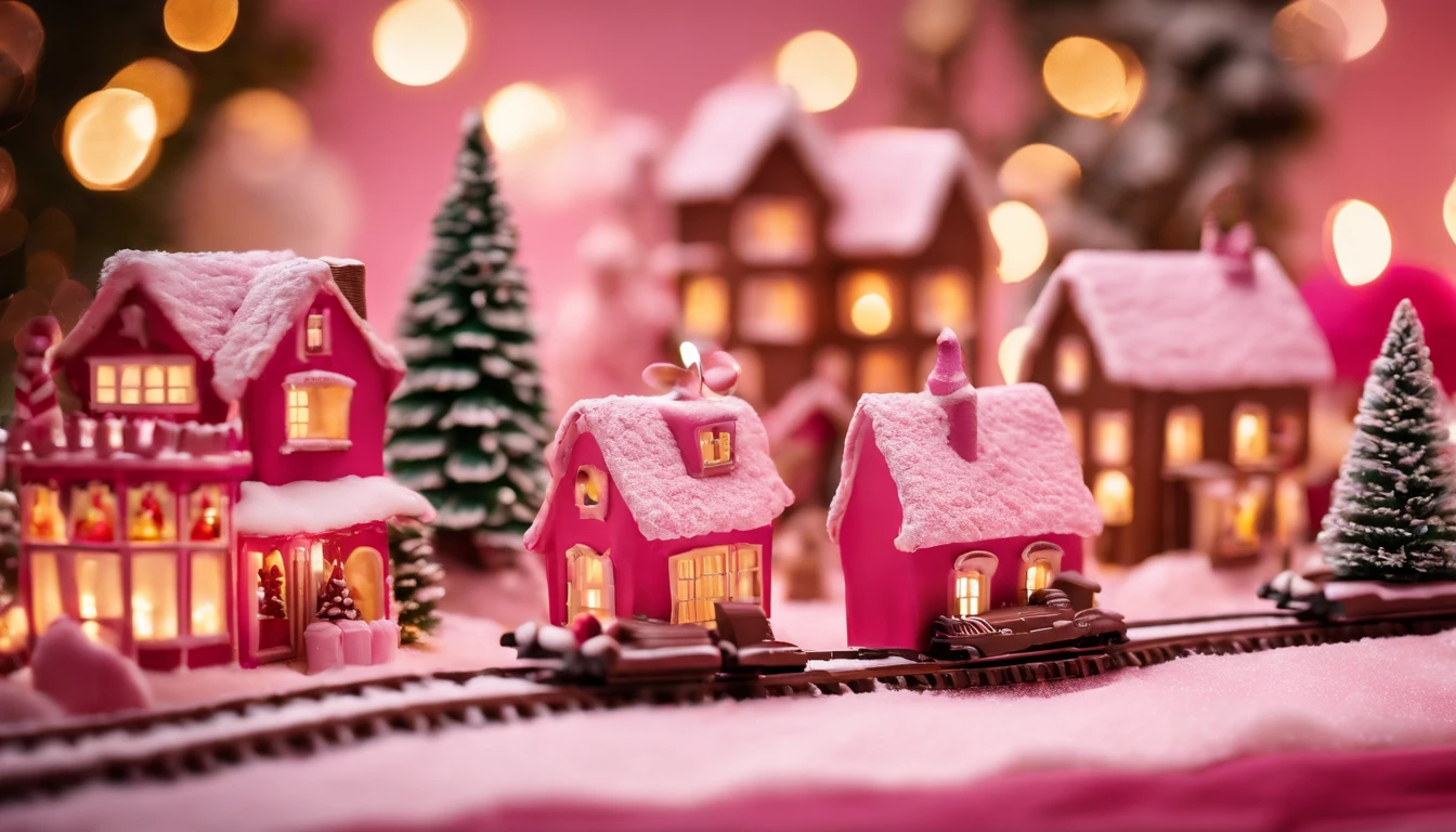 A visually stunning composition of a chocolate Christmas village on a bold pink background, with miniature chocolate houses, trees, and a chocolate train, creating a charming and delightful scene