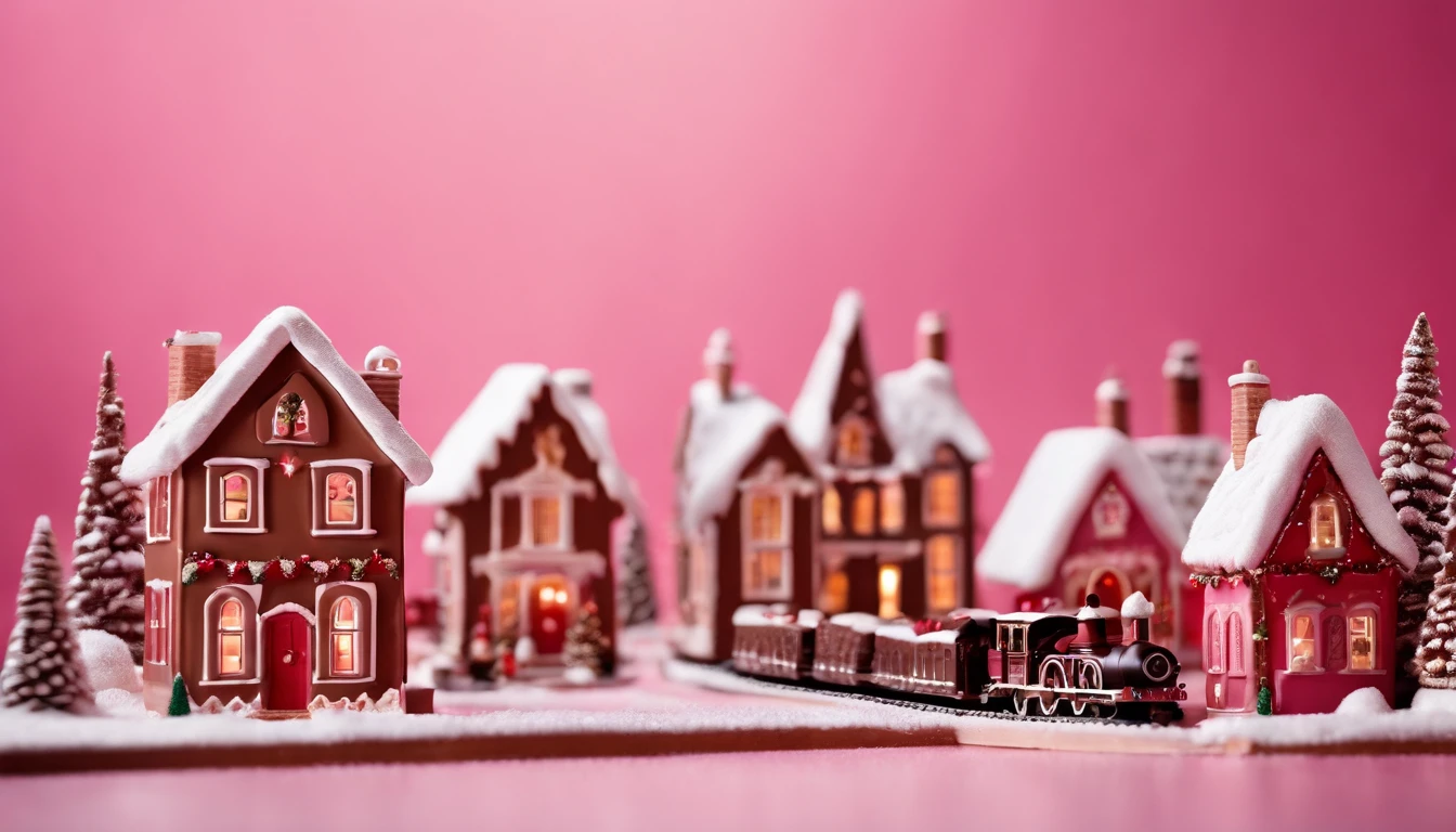 A visually stunning composition of a chocolate Christmas village on a bold pink background, with miniature chocolate houses, trees, and a chocolate train, creating a charming and delightful scene