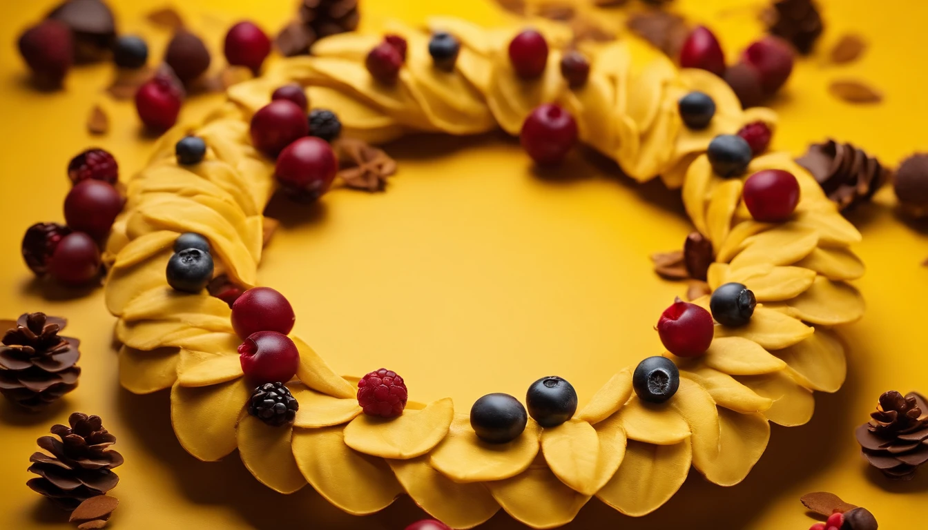 A high-resolution image of a chocolate Christmas wreath on a bold yellow background, with a wreath made entirely of chocolate leaves and berries, creating a visually striking and mouthwatering display