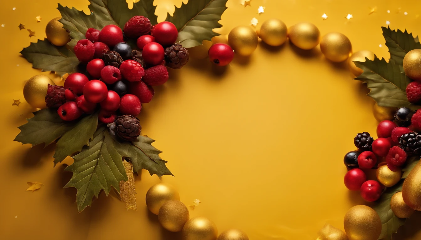 A high-resolution image of a chocolate Christmas wreath on a bold yellow background, with a wreath made entirely of chocolate leaves and berries, creating a visually striking and mouthwatering display