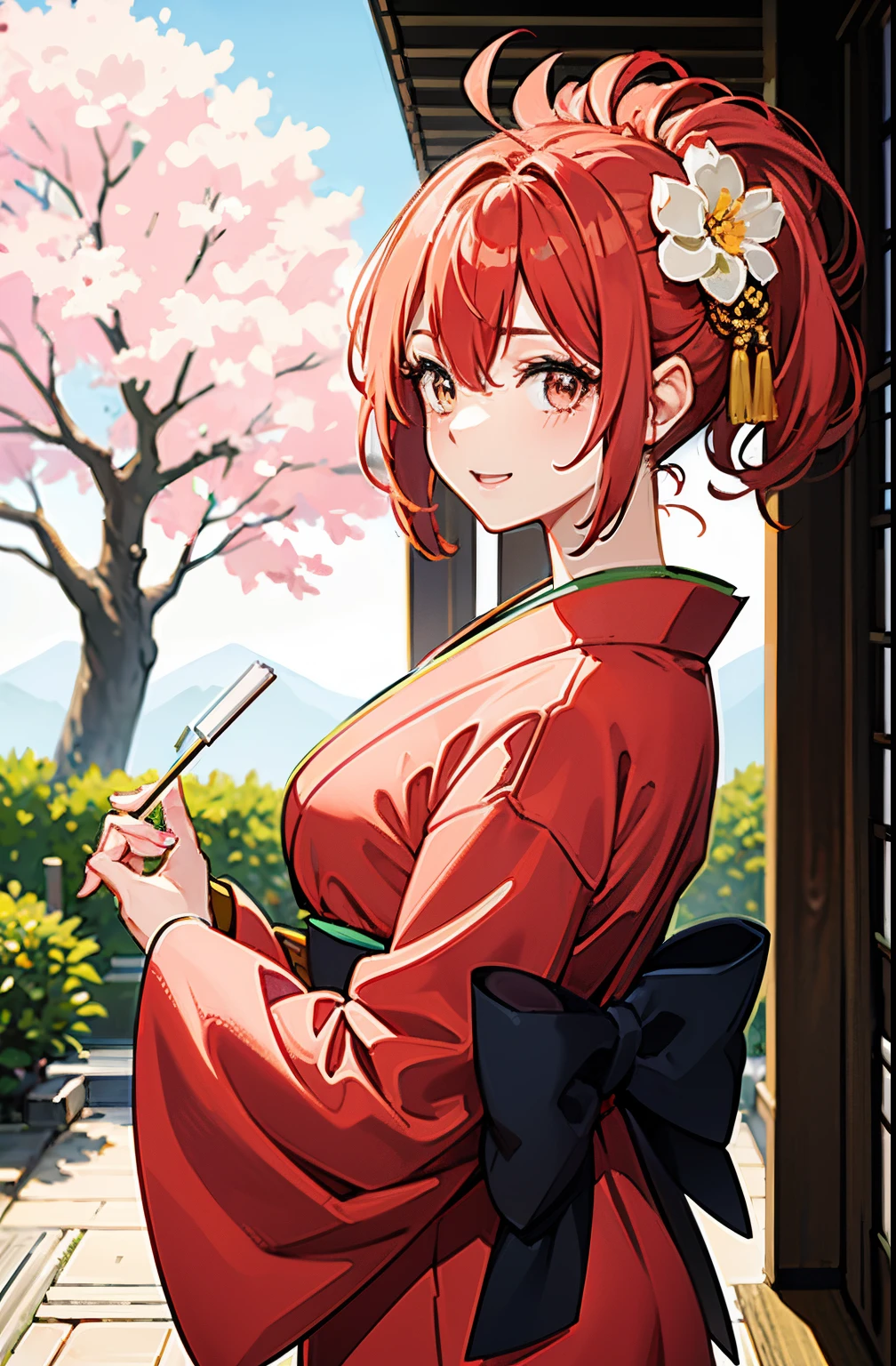 Beautiful woman with gentle and attractive Japan、fully body photo、、charming oval face、二重まぶた、Bright peach blossom eyes、Pink lips、a small nose、Focused face、facial close-up、Ultra-high-resolutiondefinition、super detailing、Elegant standing position、Wearing Japan furisode、red hairs、a smile、Ahoge、Bob hairstyle、Wearing Japan furisode、Red furisode、flashy red kimono