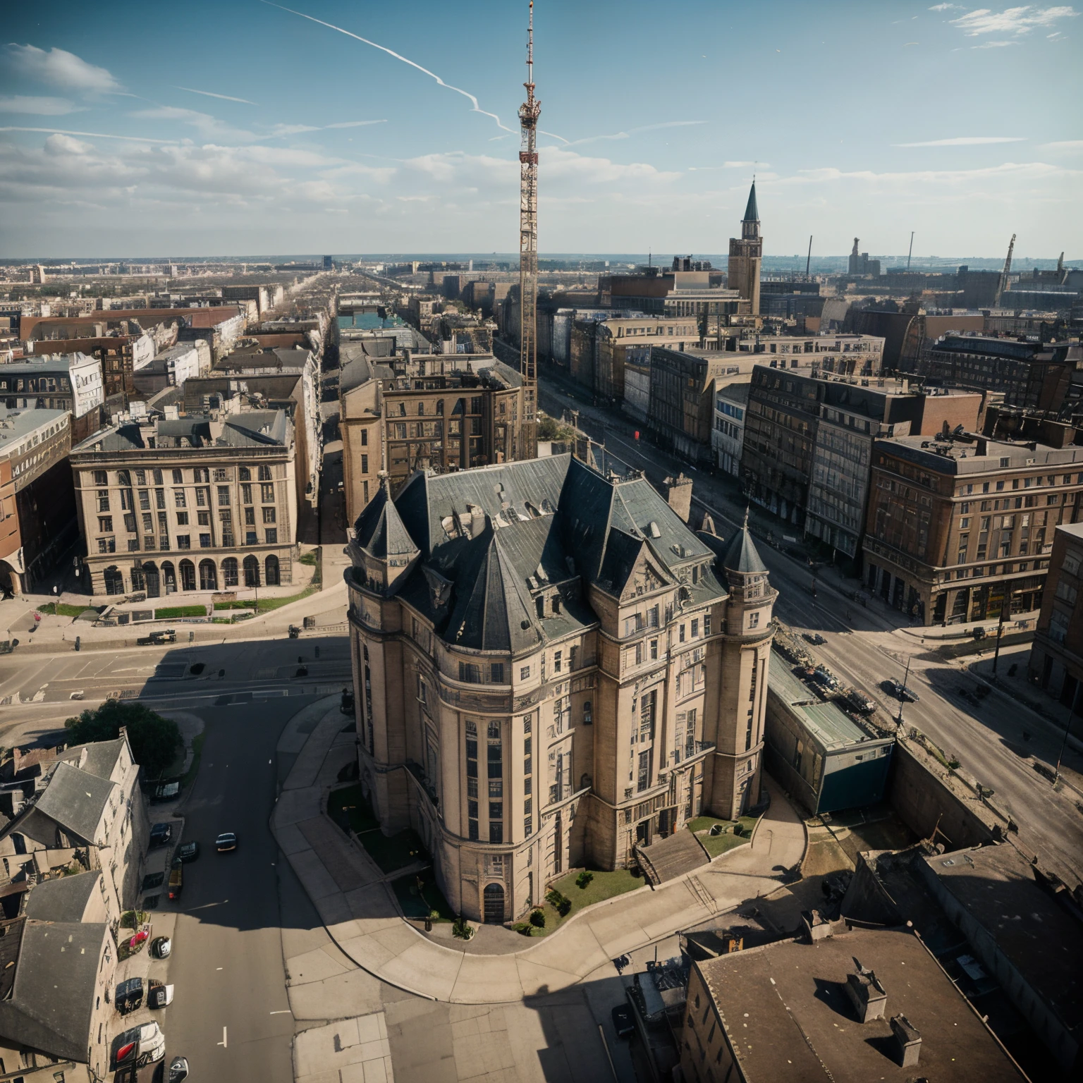 Capital city, ww2 era, 1940 City, city, modern city, constructions, 1900s, highly detailed, hdr, perfect, modern world, buildings, a palace in the distance, 8K, duchy, flag pole