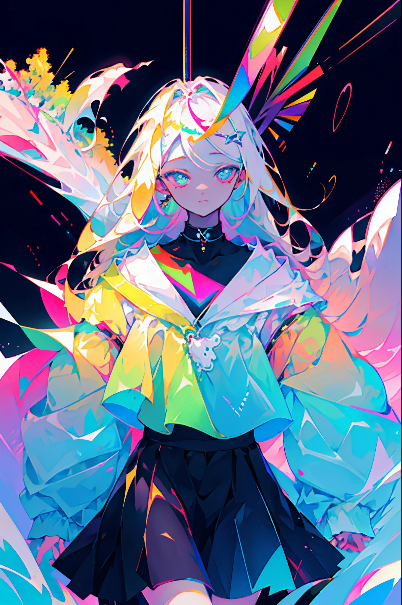 Rainbow on background、Irridescent color、colourfull、top-quality、超A high resolution、(Photorealsitic:1.4)、Female 1 Person、Sleeveless white buttoned shirt、Black skirt、Black Choker、cute little、(Kpop Idle)、(attractiveness:1)、(Platinum Blonde Hair:1)、((Puffy eyes))、Look at the viewer、full body Esbian、Facing the front