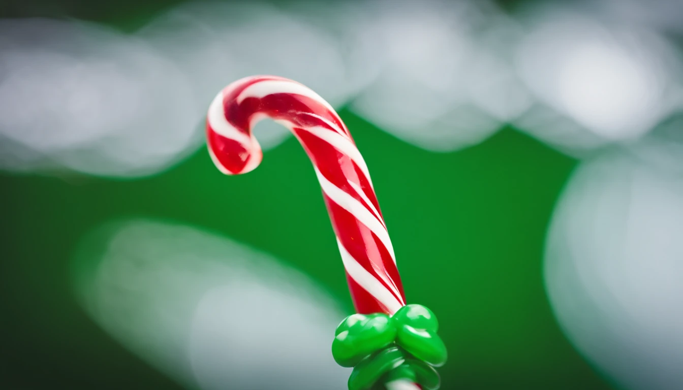 A high-resolution image of a red and white striped Christmas candy cane against a bold green background, creating a visually striking and festive scene