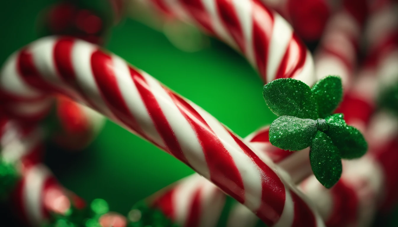 A high-resolution image of a red and white striped Christmas candy cane against a bold green background, creating a visually striking and festive scene