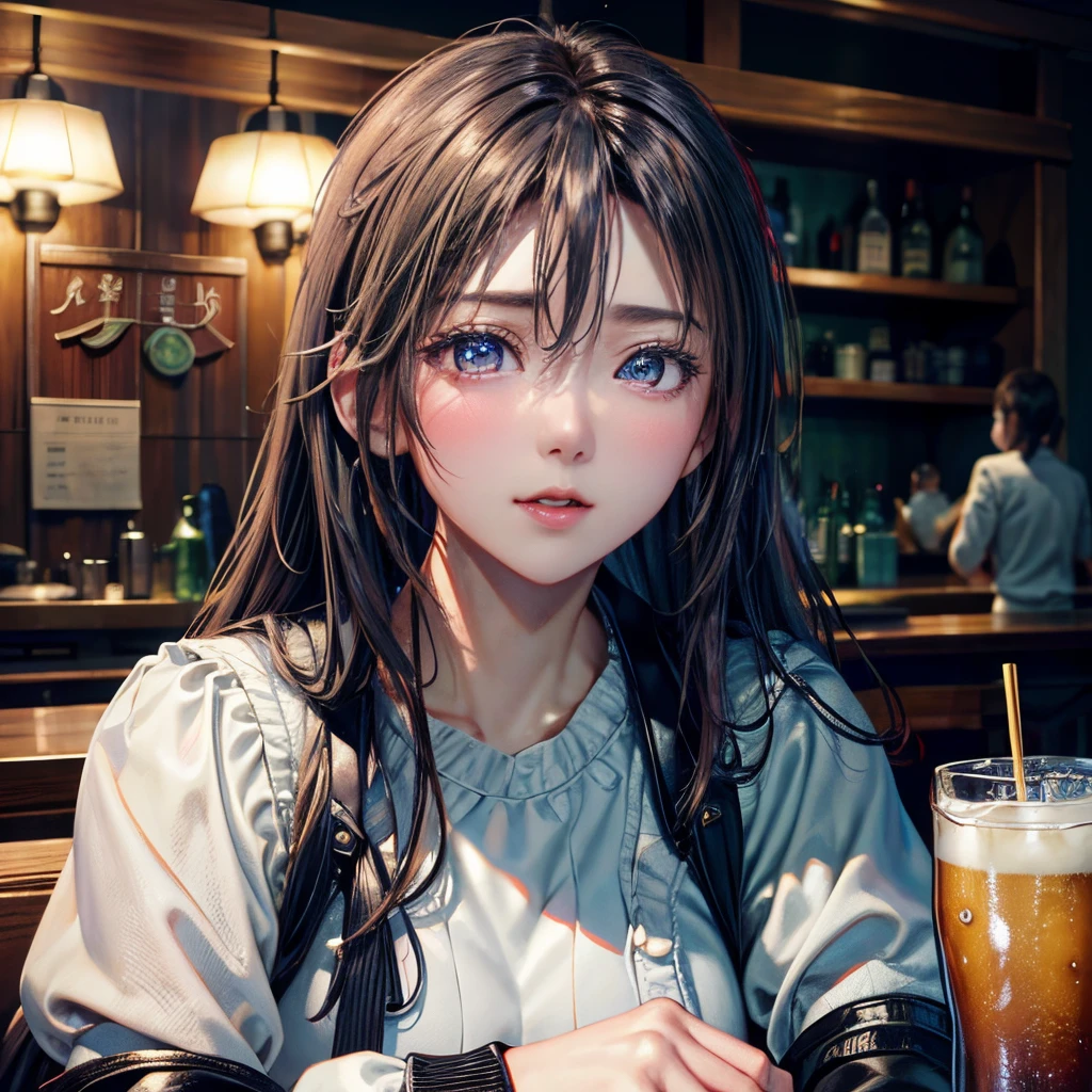 Best Quality、Raw photo、profetional lighting、Top image quality、masterpiece、Live-action depiction、The background is of the best quality、The background is professional lighting、Asian Beauty、Big eyes、There is a village frame pure、warm clothes、animesque、The background is a pub、Black eyes、