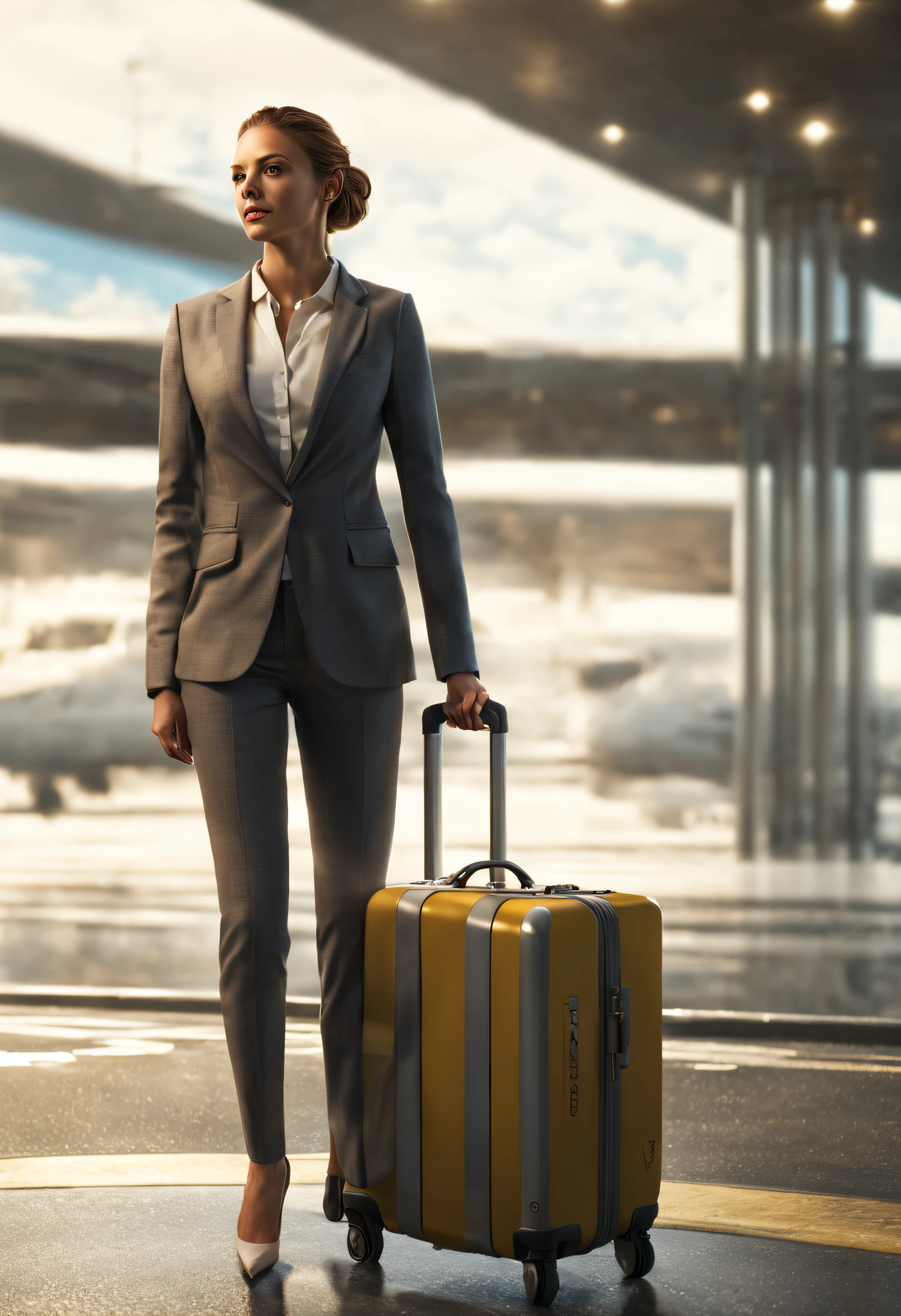 a hyper-realistic image of a beautiful and sexy 30-year-old woman dressed in a tight suit, framed from behind, carrying a trolley suitcase. In the background the road of an airport terminal with a perfectly legible sign with the words "Transfer". Very high quality of details. HDR. Vibrant colors. Photorealism. Unreal engine 5, cinematic, CGI, volumetric light, highly detailed, hdr, 4k textures, intricate, sharp focus, insane details, intricate details, hyperdetailed, hyperrealistic, 8k resolution