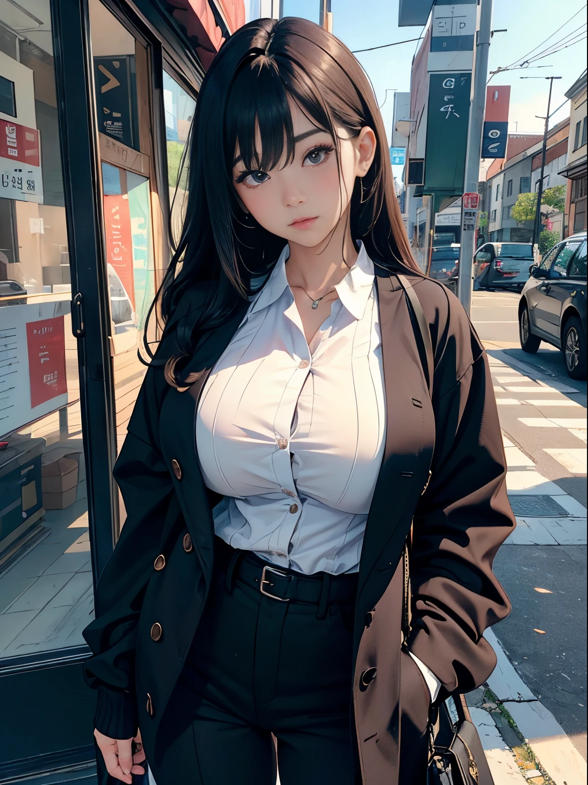 high-definition full-color images, atmospheric perspective, 8k, super detail, accurate, best quality, angle from below, a woman, ((realistic skin)), drooping eyes, ecstasy, sleepy, small eyes, (((straddle to hit her panties for masturbation against an aluminum bollard that was installed on the sidewalk))), (outside of downtown area), tiny earrings, thin necklace, (work clothes, unbuttoned suit jacket, thin blouse, skirt, thigh-high stocking, id card), (open legs), (((swollen areolas are visible through the blouse))),