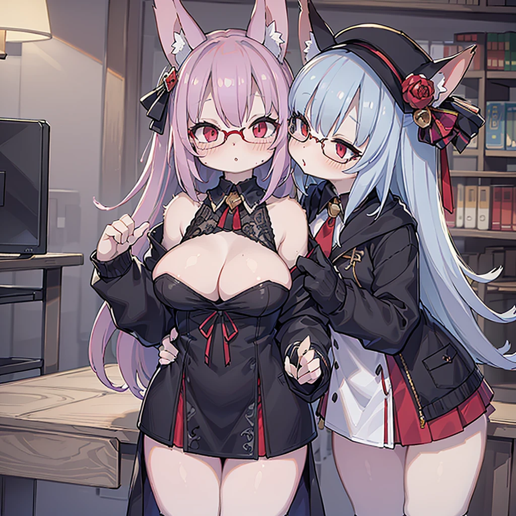 ((The best piece)),((​masterpiece)), (ultra-detailliert), (illustratio), (detaileds), (very cute and beautiful), girl with, cute  face, a miniskirt, Red eyes, Silvery hair,Off-the-shoulder clothing,frilld,Lori, big boobs,large full breasts,Fluttering chest,Clothes in black tones,Wearing glasses,Fox ears,Gothic punk,Gospan,Fluffy tail,Lily Kiss,lilie,the kiss,Chū,Girls to girls,teats,Big breasts,atlibrary,