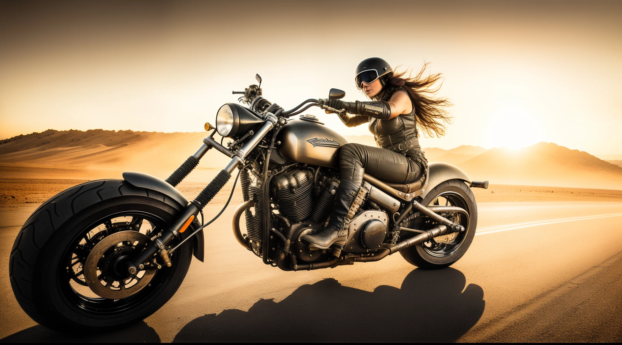 there is a woman riding a motorcycle on the road, riding steampunk motorcycle, riding a futuristic motorcycle, mad max style, in mad max style, picture of a female biker, motorcycle, riding a motorcycle, mad max inspired, metal hurlant, motorbiker, mad max fury road style, apocalyptic road warrior vibe, biker, in metal hurlant, motorcycle concept art, motorcycles