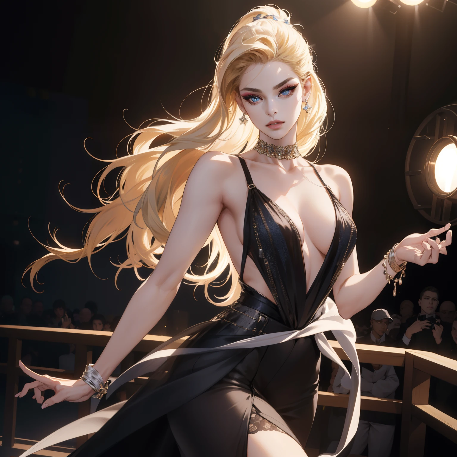 (best quality,4k,8k,highres,masterpiece:1.2),ultra-detailed,(realistic,photorealistic,photo-realistic:1.37),beautiful detailed eyes,beautiful detailed lips,extremely detailed eyes and face,long eyelashes,1 girl,model,fierce,defiant,famous model,blonde,model with confident eyes,striking blue eyes,magnificent hairstyle,breathtaking beauty,flawless skin,fashionable attire,stylish makeup,great posture,posing with attitude,photo shoot set,audience admiring,model under spotlight,dynamic lighting,high fashion vibes,vogue style,graceful movement,runway fashion show,glamorous background,jaw-dropping elegance,strikingly confident expression,captivating charm,piercing gaze,captured in a stunning pose,female model wearing couture,famous for her unique style,inspiration for aspiring models,graceful and bold presence,living legend of the modeling world,renowned across the globe,model known for her fierce and defiant personality