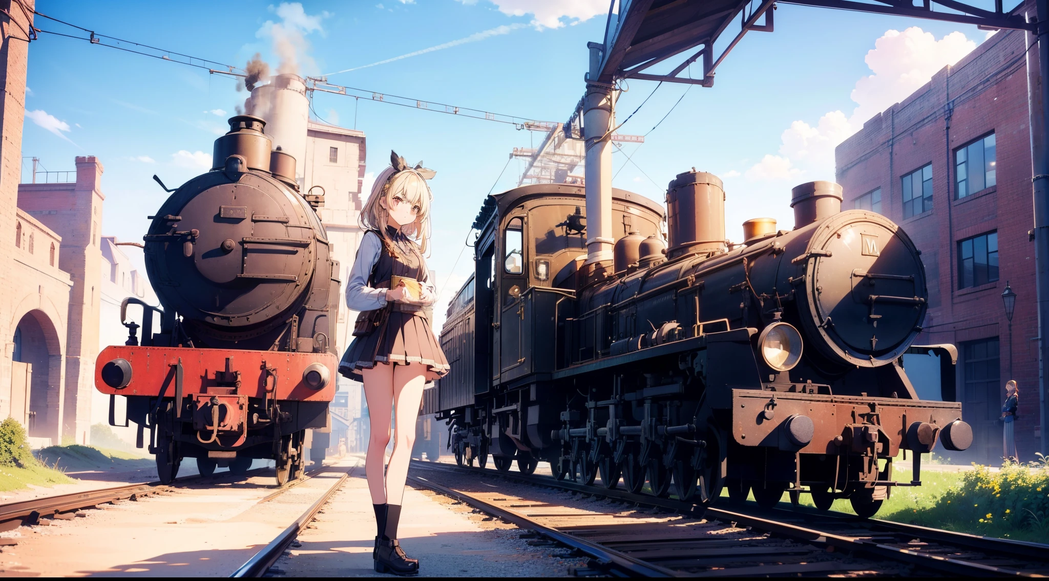 locomotive，teens girl，legs long，white skinned，boots，white color hair，Heteropupil，droid，camo --auto