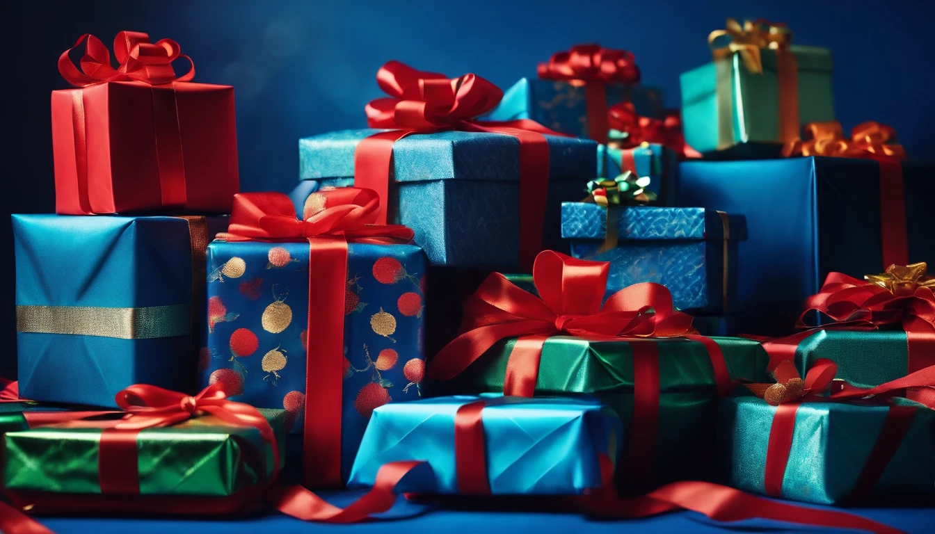 A visually stunning composition of colorful wrapped Christmas presents piled up against a bold blue background, with ribbons and bows, creating a vibrant and cheerful image